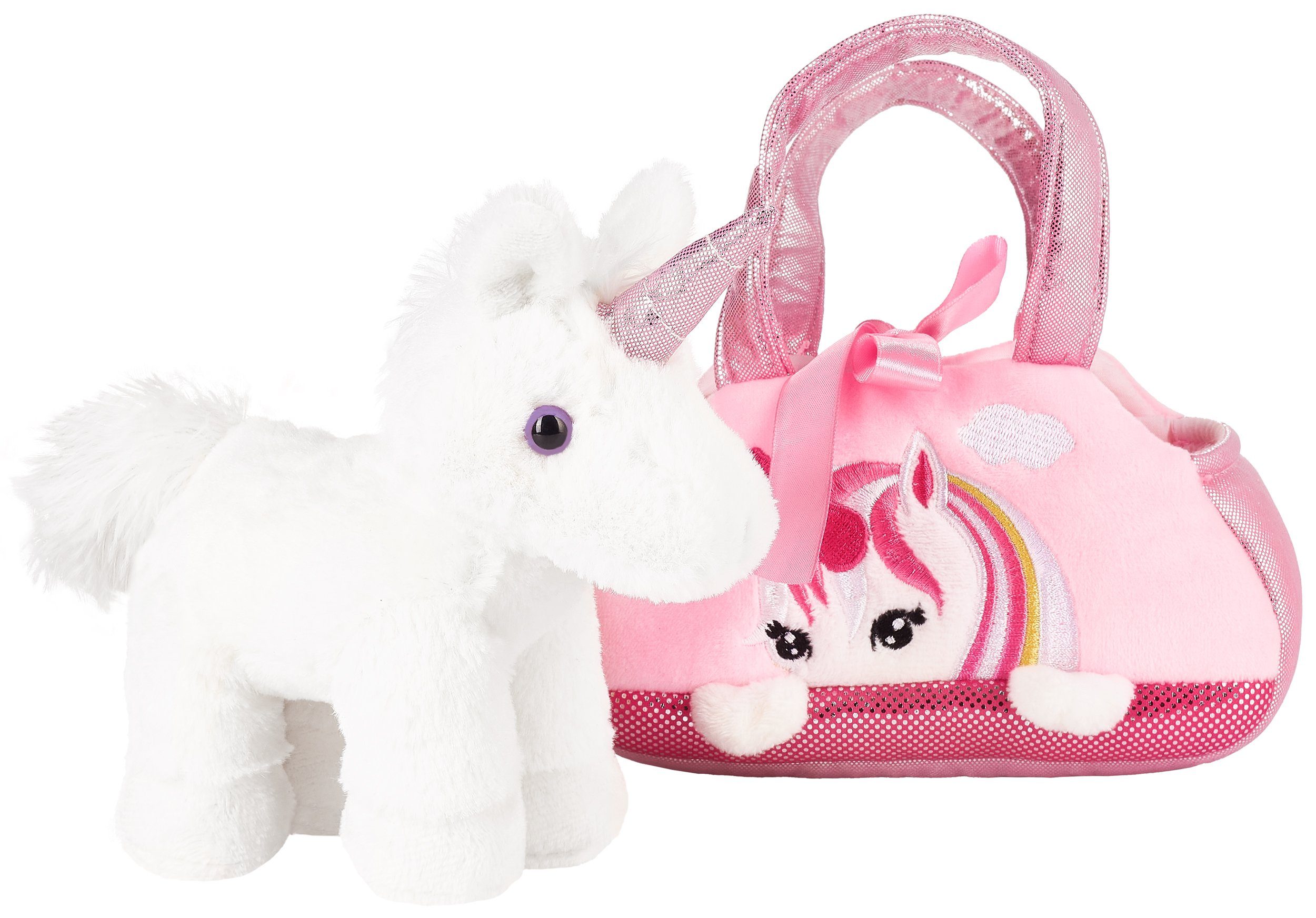 BRUBAKER Kuscheltier Einhorn Tasche Weiß 20 cm (1-St., Plüschtier in Handtasche), Glitzer Stofftier