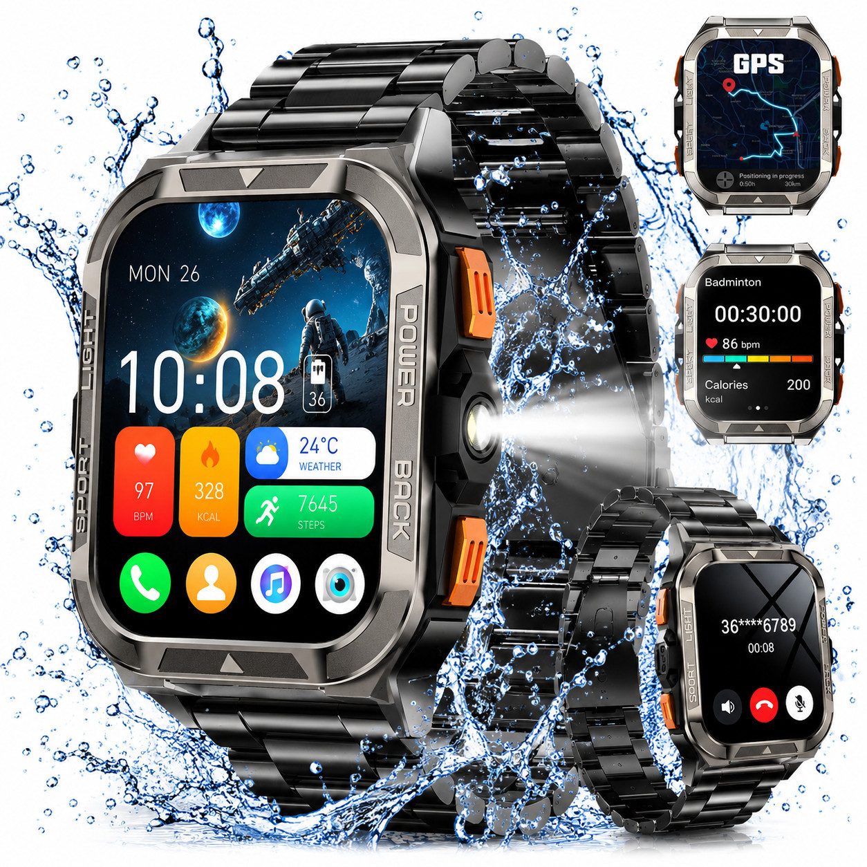 blackview GPS Smartwatch Herren mit 900mAh, LED Taschenlampen, 60 Tage Standby Smartwatch (1.91 Zoll, iOS&Android&HarmonyOS) Packung, 3xRiemen (Metallarmband+Silikonarmband+Geflochtenesband) und Ladekabel, 1,91",Taschenlampe/Kompass/SOS/Blutdruck/SpO2/HR/Chatgpt/Schritten