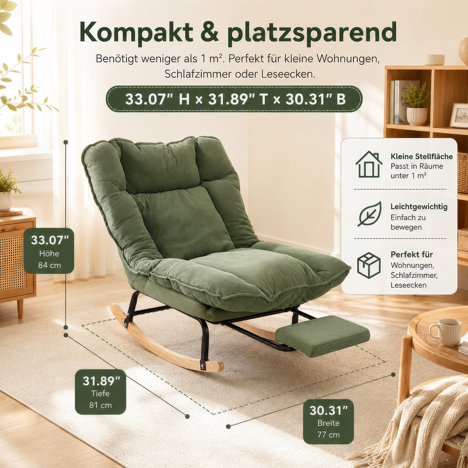 BlingBin Schaukelstuhl Schaukelsessel mit Fußstütze, Relaxsessel verstellbar in 3 Positionen (1er Set, Maximale Belastbarkeit: 120 kg, Gesamtmaße: 116 x 77 x 84 cm, 1 St), Schaukelstühle mit Breite Rückenlehne für Balkon, Wohnzimmer