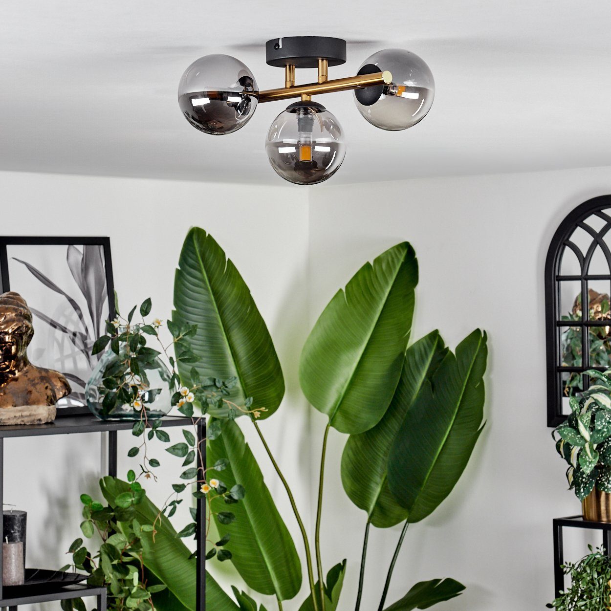 hofstein Deckenleuchte Deckenlampe aus Metall/Glas in Schwarz/Goldfarben/Rauchfarben, ohne Leuchtmittel, Leuchte im Retro-Design aus Glas, 3 x G9 LED, ohne Leuchtmittel