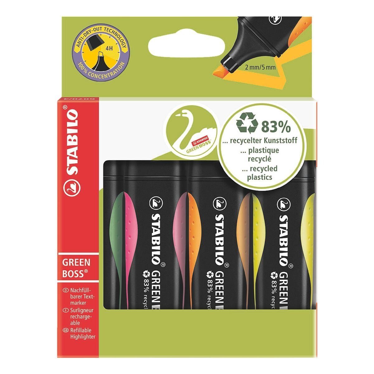 STABILO Marker Green BOSS®, (4-tlg), umweltfreundlicher Textmarker gelb, grün, orange, pink