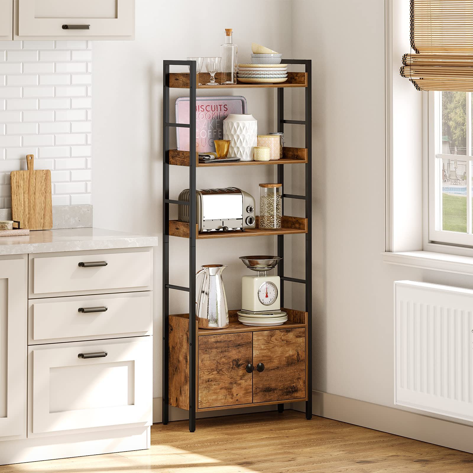Hoobro Bücherregal Bücherschrank mit Türen und Ablage, Standregal, Aufbewahrungsregal mit 4 Ebenen, für Wohnzimmer, Büro, Küche, Arbeitszimmer und Flur