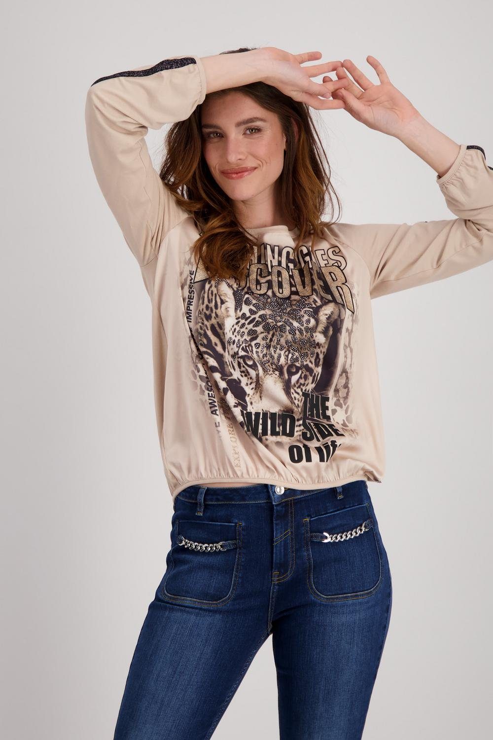 Monari T-Shirt & Langarmshirt Glitzerschrift mit Schluse Leopard