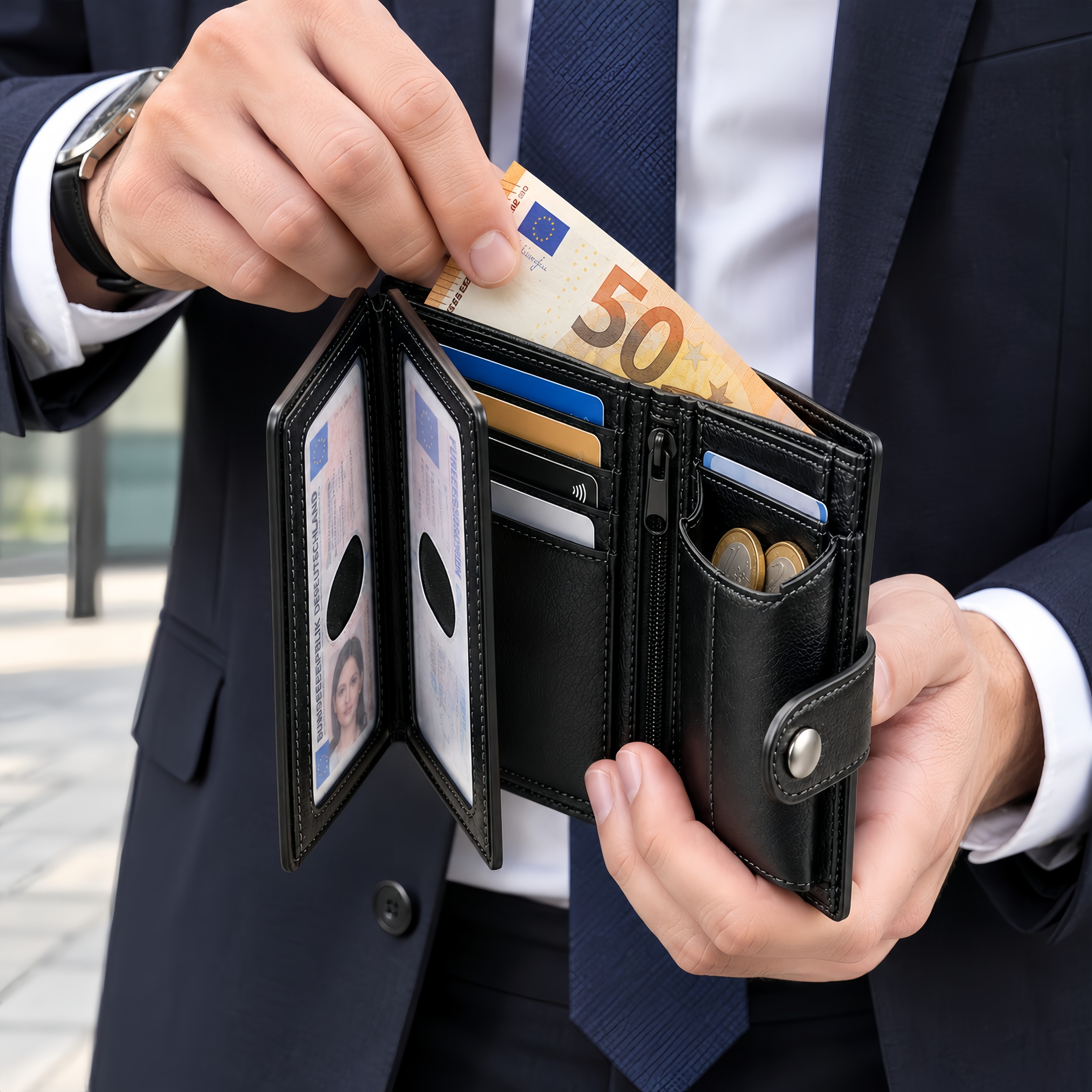 Forrlite Geldbörse Geldbeutel Herren Slim Wallet mit RFID-Schutz (Premium Leder Portemonnaie Herren mit Münzfach, Tragbar und, Langlebig Brieftasche Herren), Mi – Bild 4 von 5