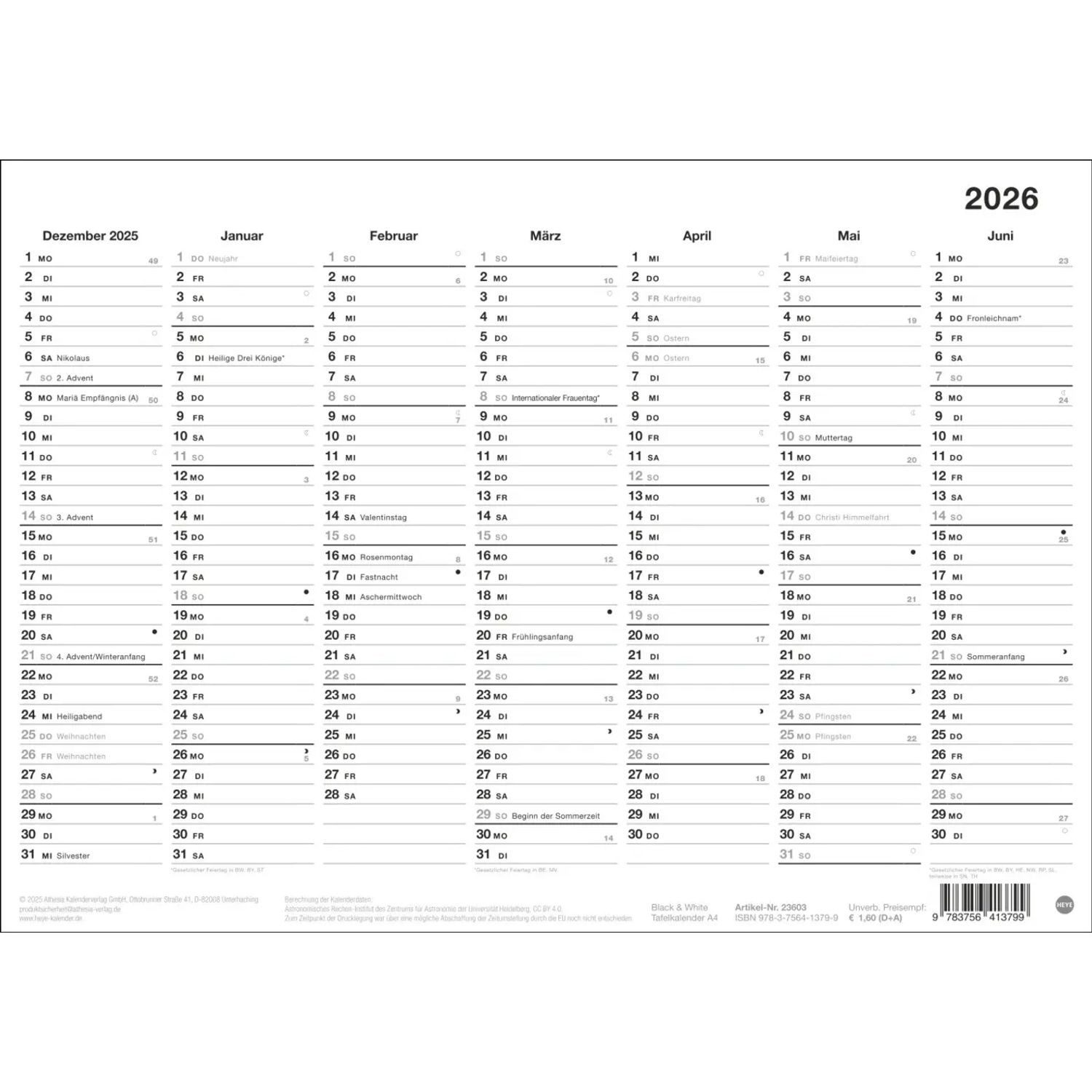 HEYE Wandkalender Black&White Tafelkalender A4 2026