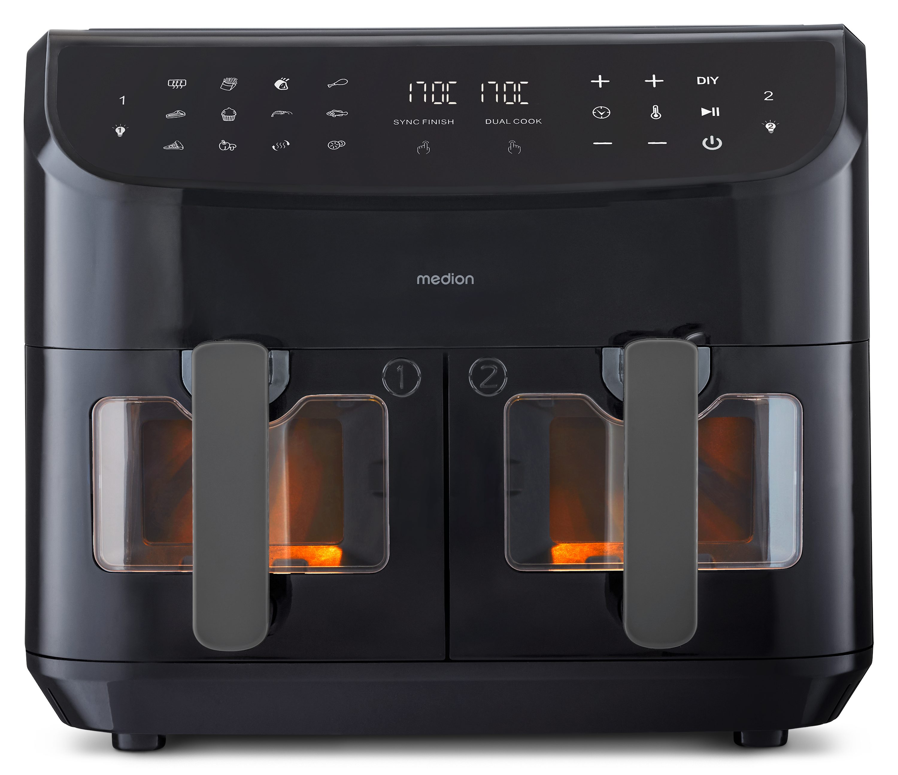 Medion® Heißluftfritteuse MD11760 P20 XXL, 2 separat gesteuerte Garkammern, Touch Display, 2400 W, Temperatur 50 - 200 °C, ILAG Beschichtung, Sync-Finish