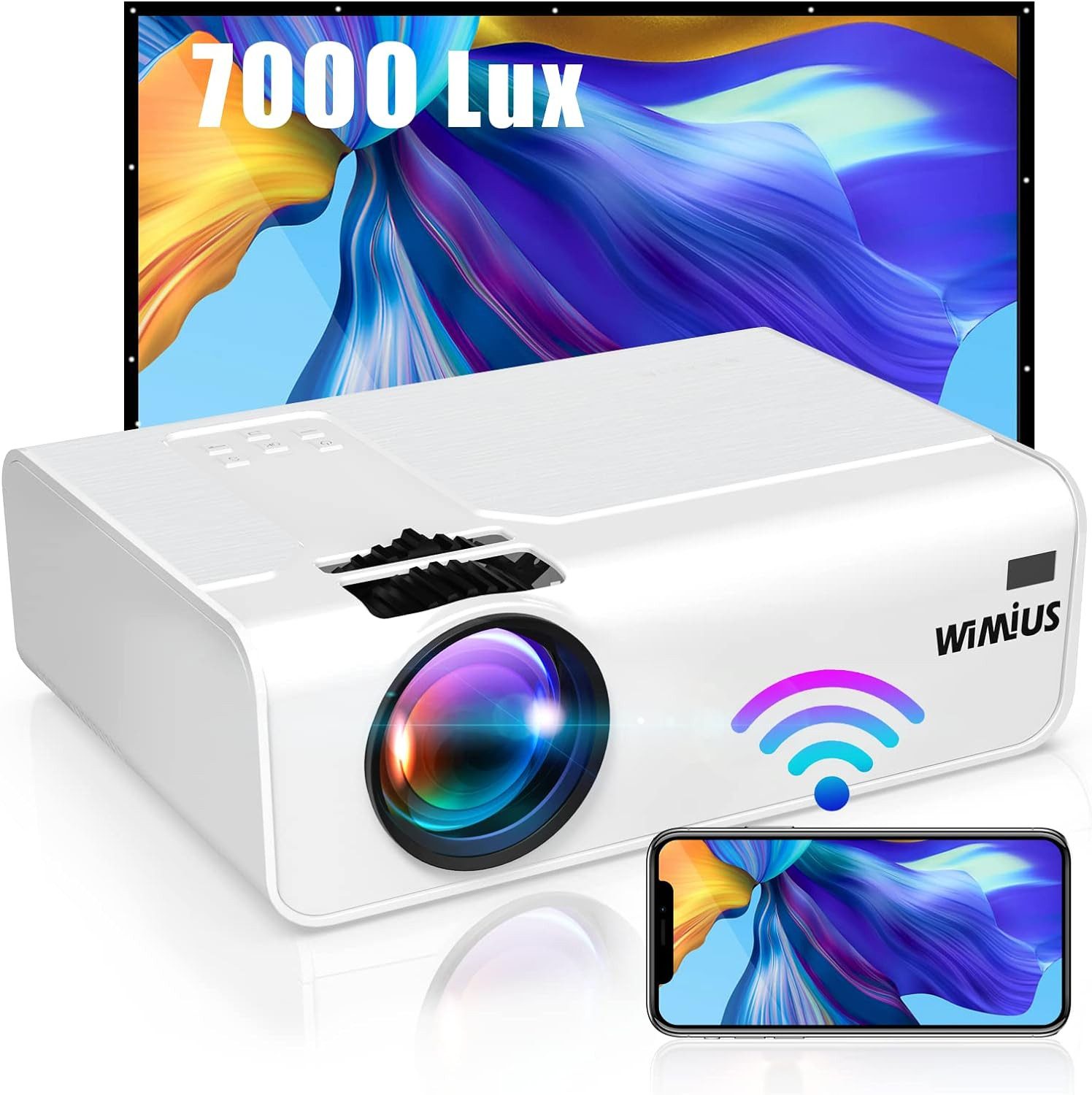 WiMiUS Mini WiFi Unterstützt Full HD 1080P Portabler Projektor (5500 lm, 700:1, 1920*1080 px, Heimkino 80000 Stunden für Smartphone HDMI VGA AV TF USB)