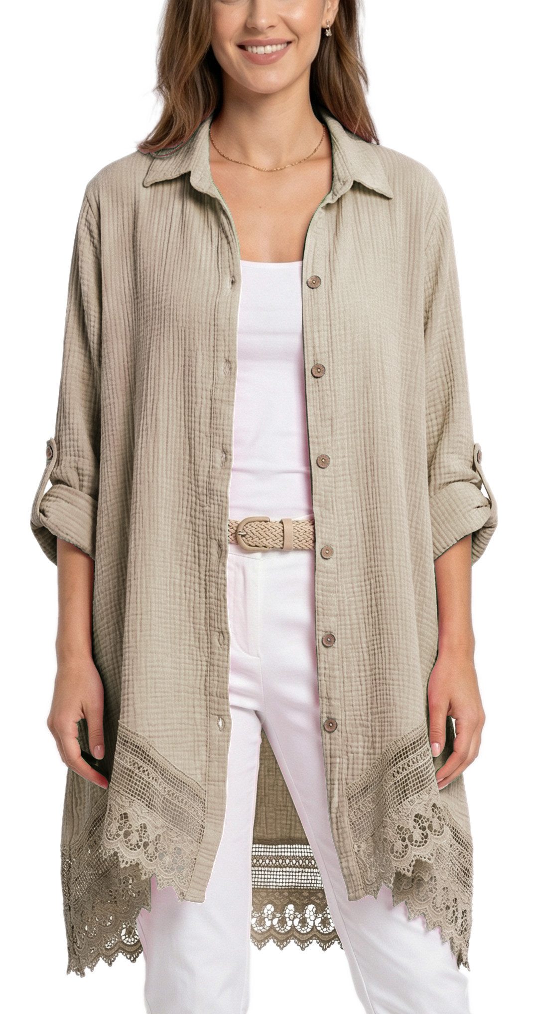dy_mode Longbluse Damen Oversized Longbluse Musselin Tunika HemdbluseBlusenkleid in Unifarbe, dekorativem Häkel-Saum, Oversize-Passform