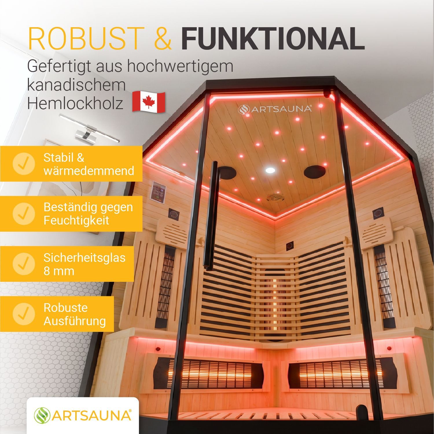 Artsauna Infrarotkabine Malmö140, BxTxH: 140 x 140 x 190 cm, Dual-Technik, Dimmbare Rückenstrahler, 3 Personen, LED-Beleuchtung