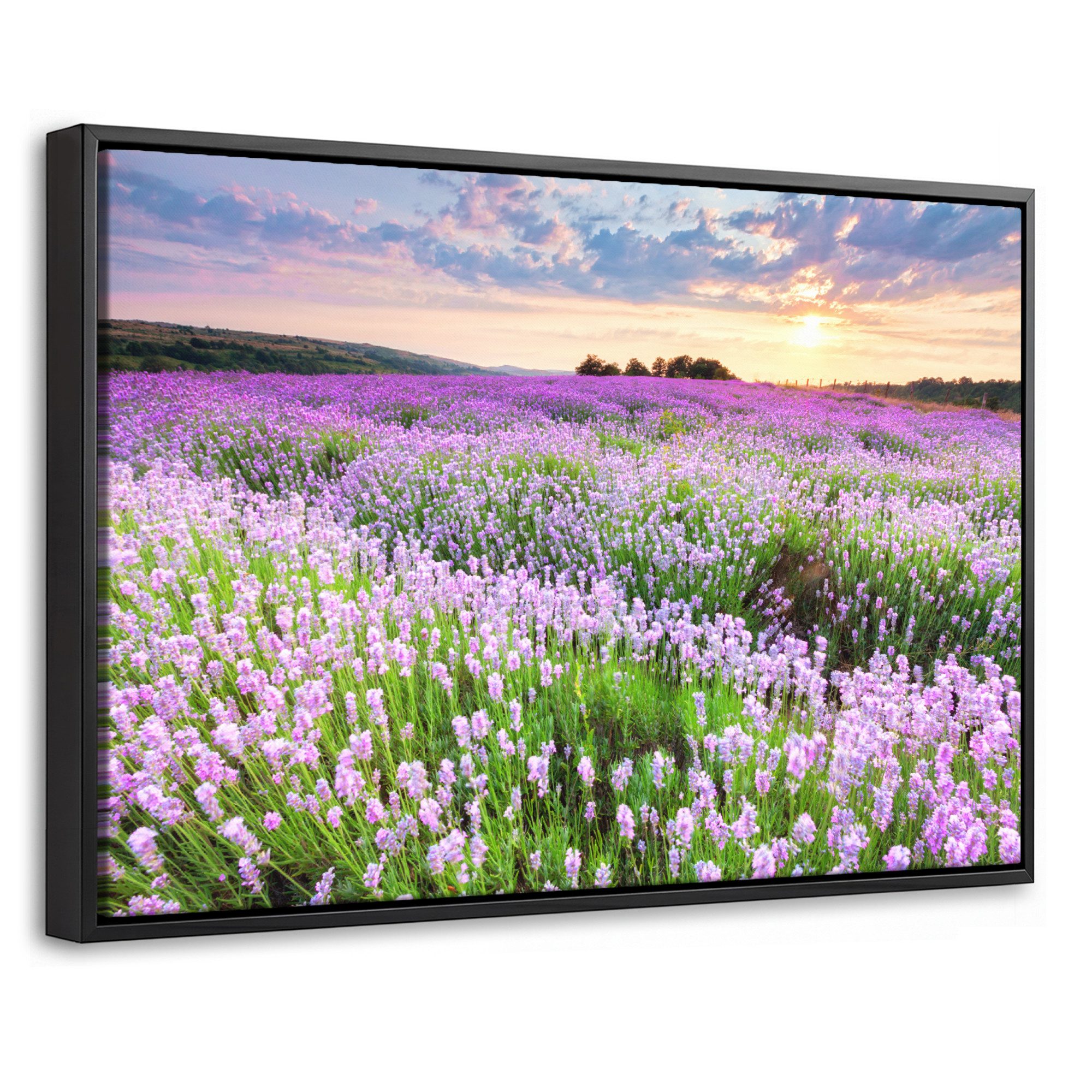 OneMillionCanvasses® Leinwandbild mit Rahmen - Blumen - Lavendel - Lila - Himmel - Sonnenuntergang - Wie, Fotodruck (1 St), Bilder, Zimmer Wand Bild Dekoration 30x20cm