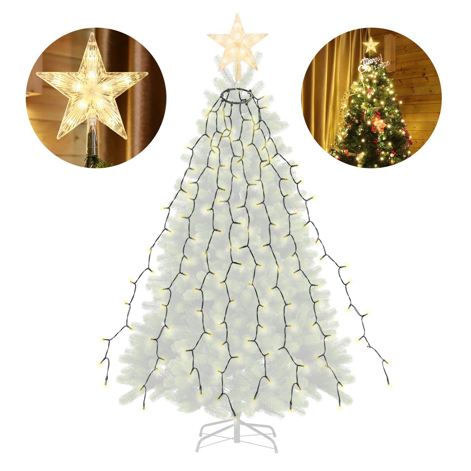 Salcar LED-Lichterkette 1,5m-3m Weihnachtsbaum Lichterkette LED mit Weihnachtsbaumspitze Stern, 8 Girlanden und 1 Sternspitze, 9 Beleuchtungsmodi und Memory-Funktion