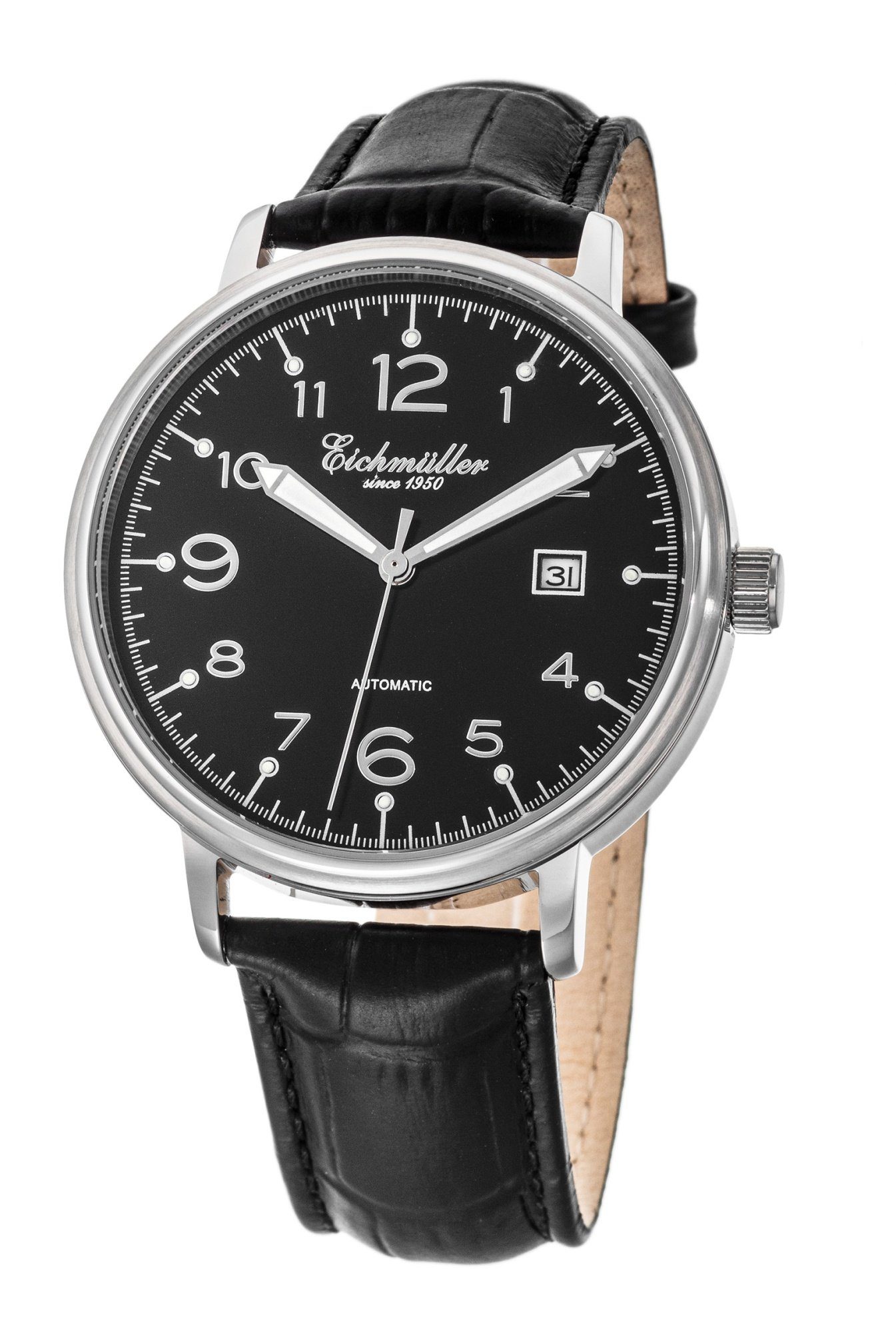 Automatikuhr Herrenuhr 42 mm, Schwarzes Zifferblatt und Lederband, RE7017