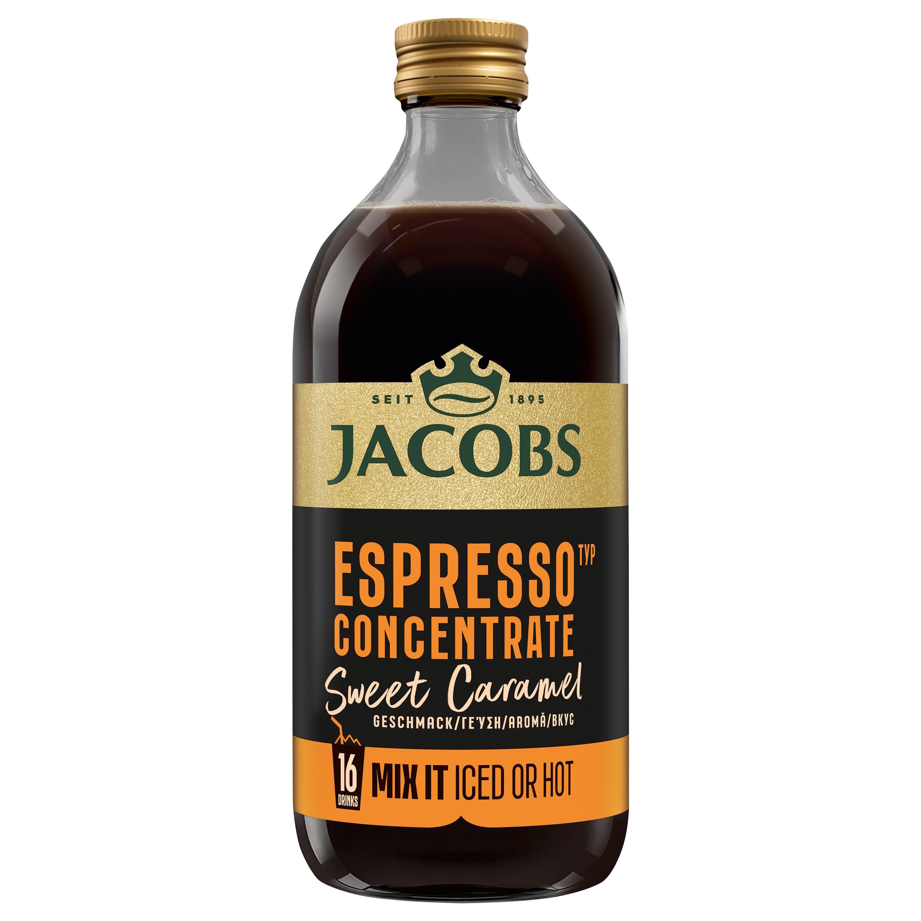 JACOBS Kaffee JACOBS Espresso Kaffeekonzentrat Caramel 6 x 485 ml, Ideal für Iced Coffee, Latte, Cappuccino oder kreative Kaffee-Rezepte