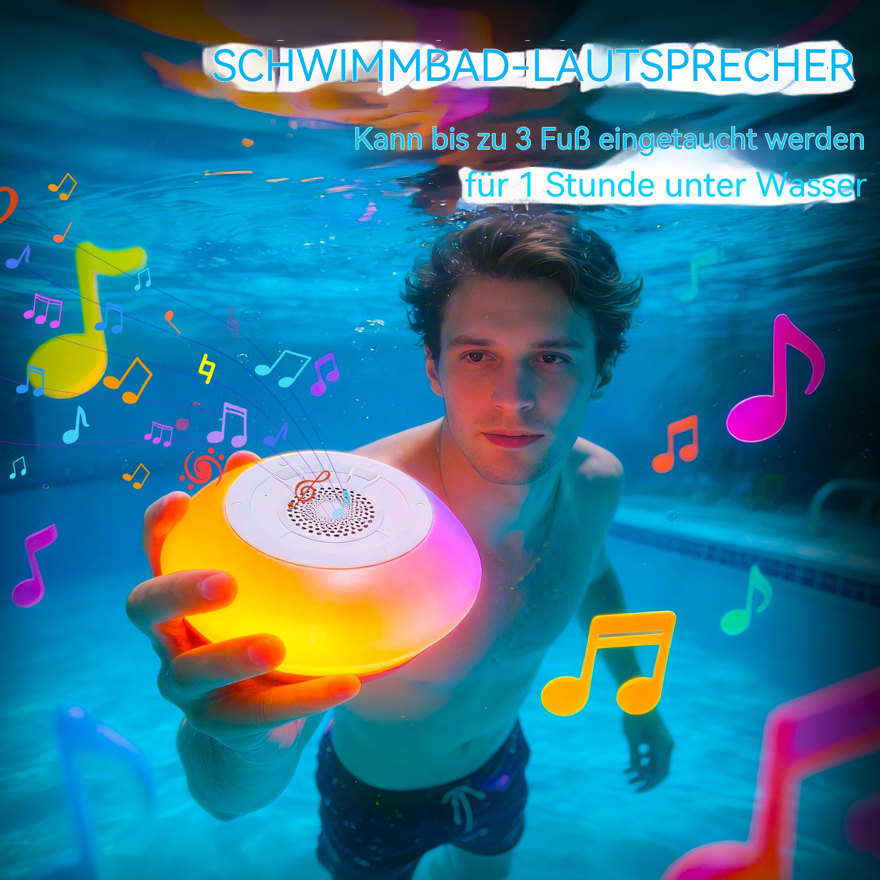 Topcony Pool-Lampe Bluetooth-Lautsprecher mit bunten Lichtern tragbarer Pool-Lautsprecher, RGB, wasserdicht, schwimmend mit 8 Modi, HD-Stereo-Sound, kabelloser