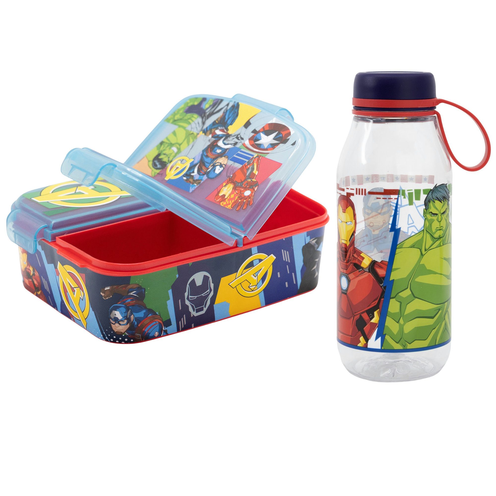 MARVEL Lunchbox Marvel Avengers Kinder Set 2 tlg 3 Kammern Brotdose Trinkflasche, (2-tlg., Spar-Set)