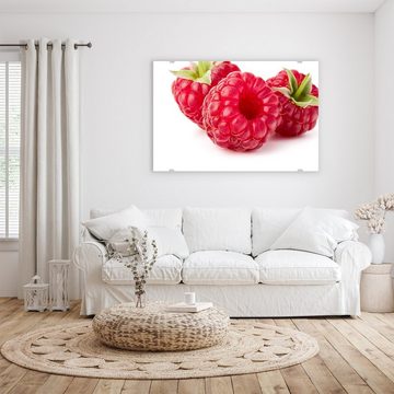 Primedeco Glasbild Wandbild Drei Himbeeren mit Blatt mit Aufhängung, Früchte
