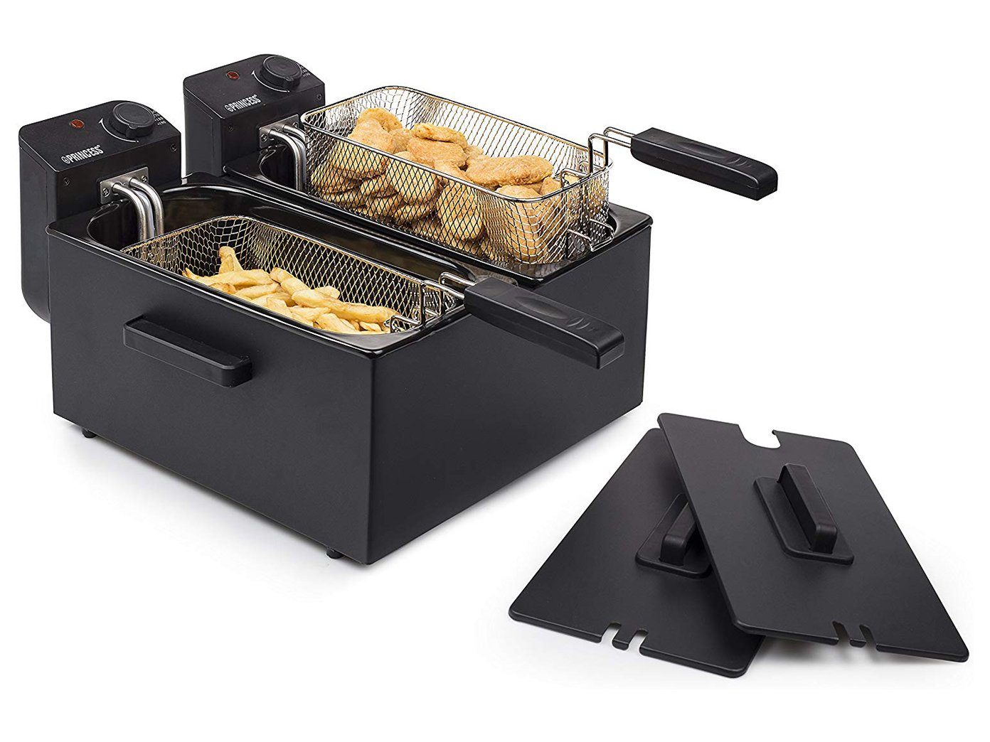 PRINCESS Kaltzonenfritteuse, 3600 W, XXL 2x 3Ltr. Doppel Fritteuse Pommes & Schnitzel mit Fett frittieren