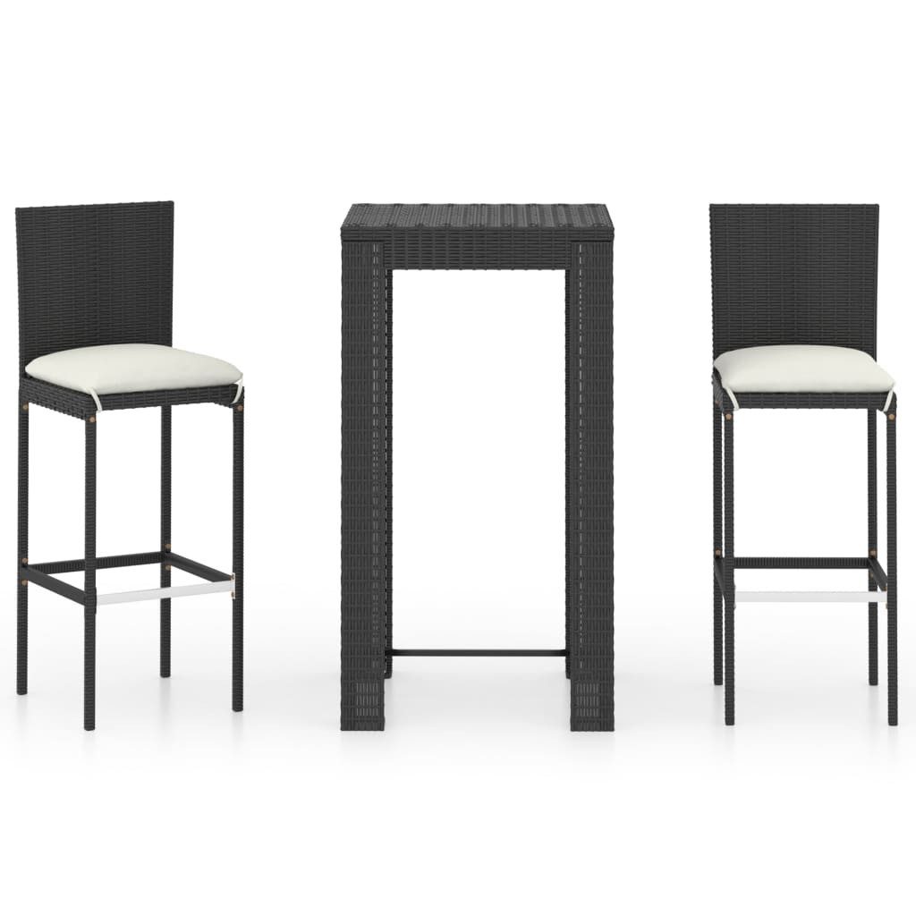 vidaXL Gartenlounge-Set 3-tlg. Gartenbar-Set mit Kissen Poly Rattan Schwarz, (2-tlg)