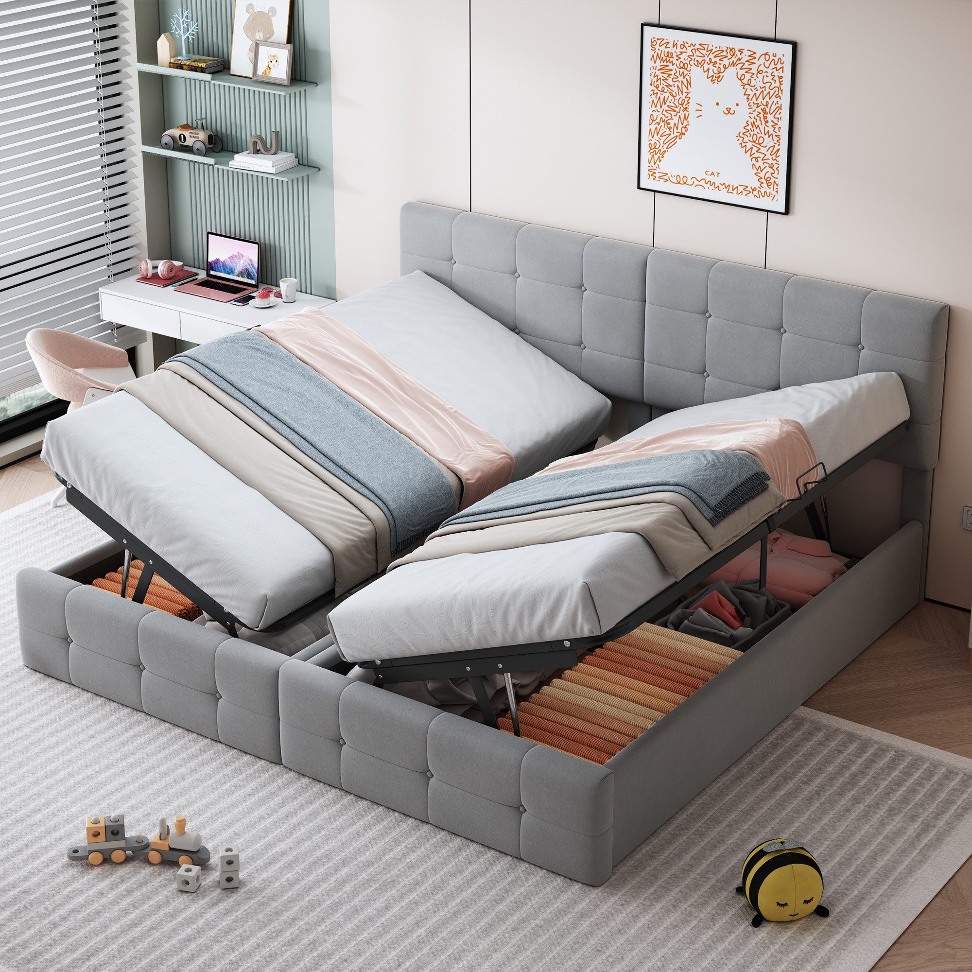 REDOM Polsterbett Funktionsbett Stauraumbett Hochkastenbett,Multifunktionales Doppelbett (Hautfreundlicher Samtstoff, 180 x 200 cm), ohne Matratze