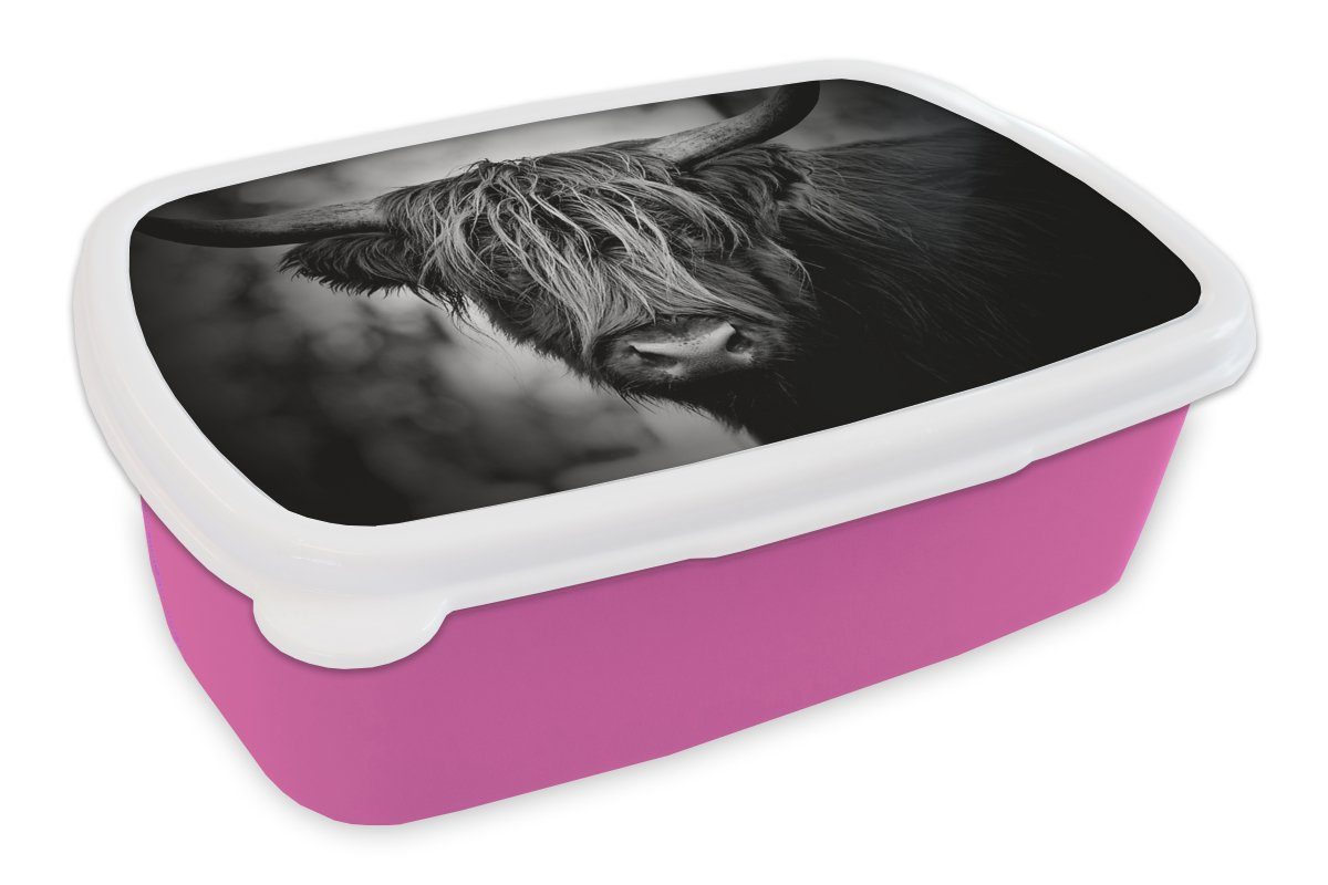 MuchoWow Lunchbox Schottischer Hochländer - Licht - Porträt - Natur, Kunststoff, (2-tlg), Brotbox für Erwachsene, Brotdose Kinder, Snackbox, Mädchen, Kunststoff rosa
