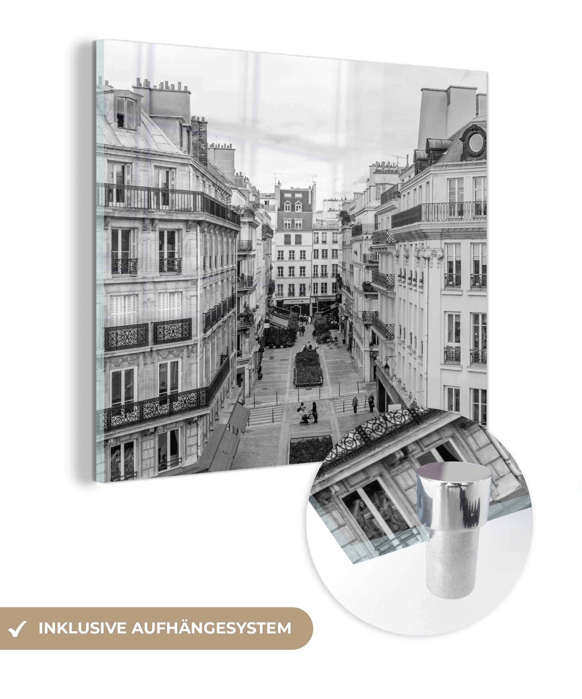 St), - (1 Paris, Wandbild Glas - Wanddekoration Glasbilder von Acrylglasbild in Bilder auf Wohnungen MuchoWow Glas auf Foto Schwarz-Weiß-Bild -