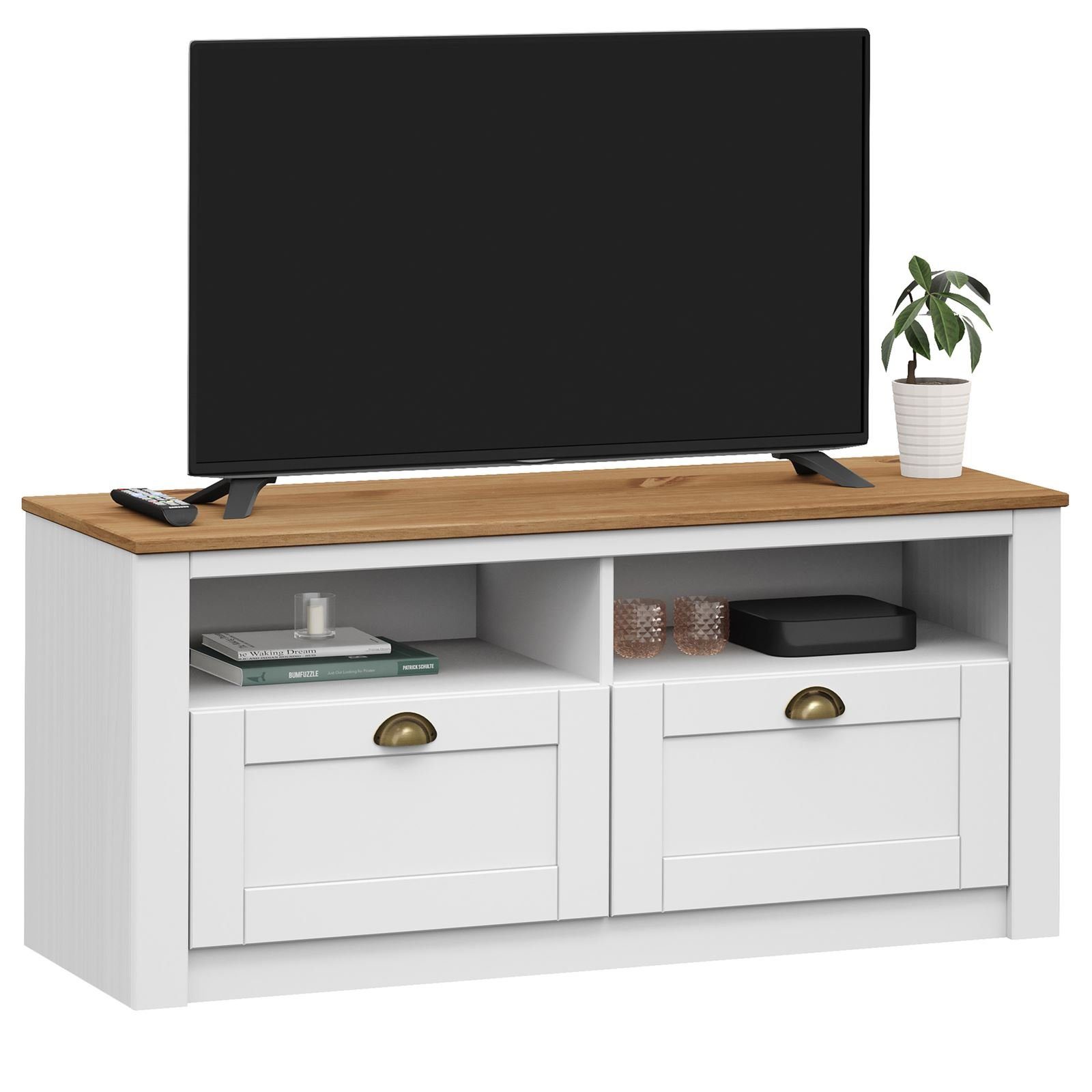 IDIMEX Lowboard BOLTON, TV Lowboard aus Kiefer massiv in weiß/braun TV Bank mit 2 Schubladen