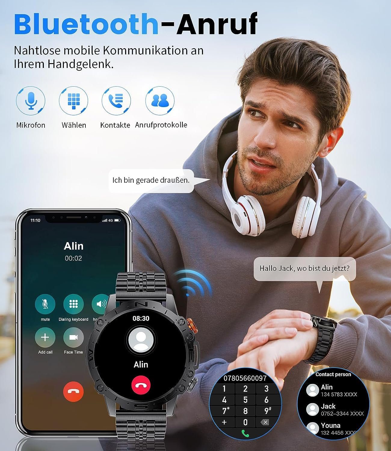 Lige Smartwatch (1,43 Zoll, Andriod IP68 Sprachassistent mit Display Wasserdicht Always-on iOS), Telefonfunktion