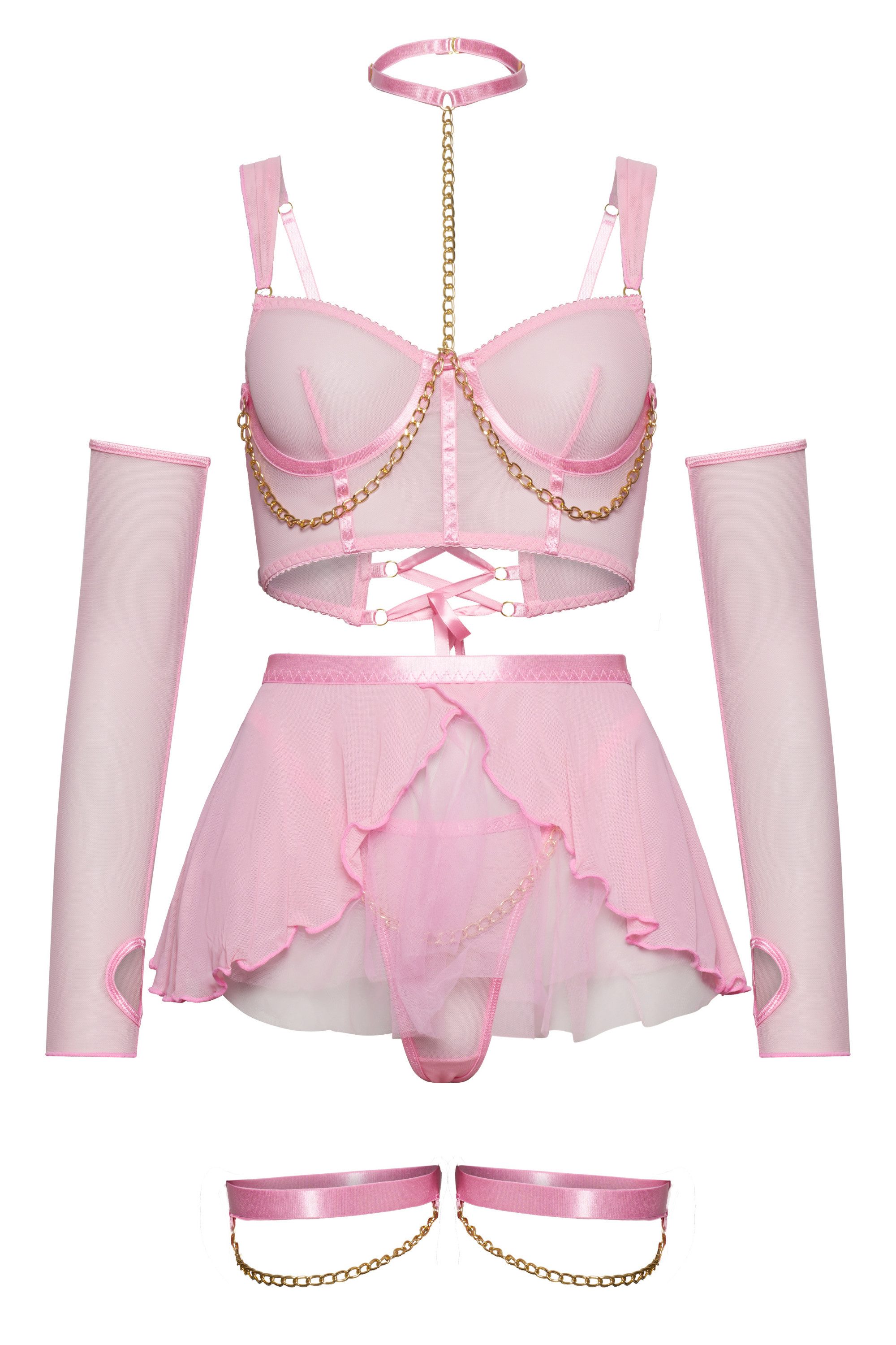 Orchibelle Set: Bügel-BH Mehrteiliges Dessous-Set – Reizwäsche mit Ketten und Rückenschnürung (Set, 6-tlg., BH, Tanga, Minirock, 2 Armstulpen, 2 Beinbänder, Nackenband) Sexy Lingerie-Set – sinnliche Unterwäsche für besondere Momente