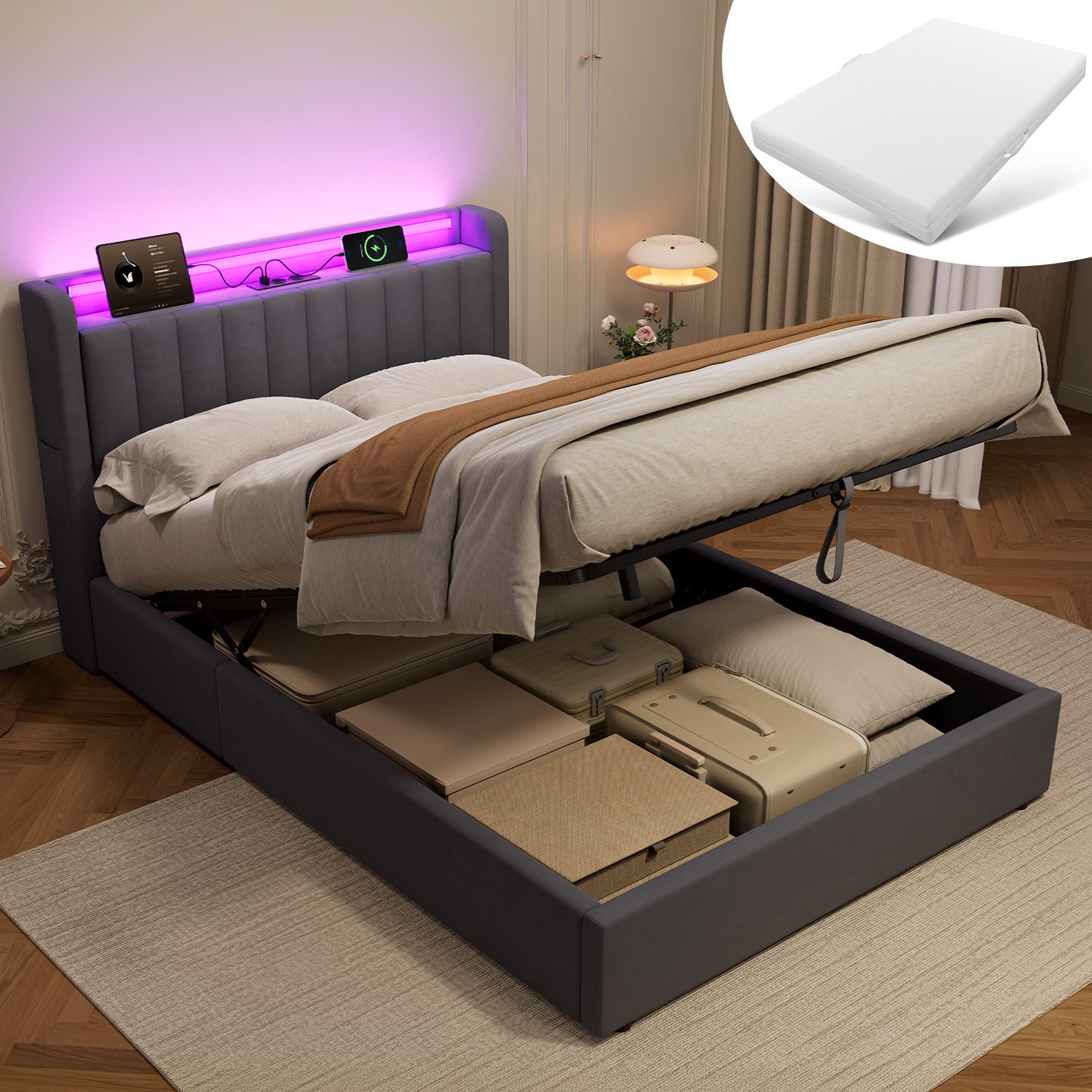 REDOM Polsterbett Hydraulisches Bett mit LED-Beleuchtung & USB-Ladestation (Funktionsbett, 2-tlg., 140x200 cm, inkl. Stauraum, Kopfteilregal & Samtbezug), Für ein komfortables und praktisches Schlafambiente(mit 1 Matratze)