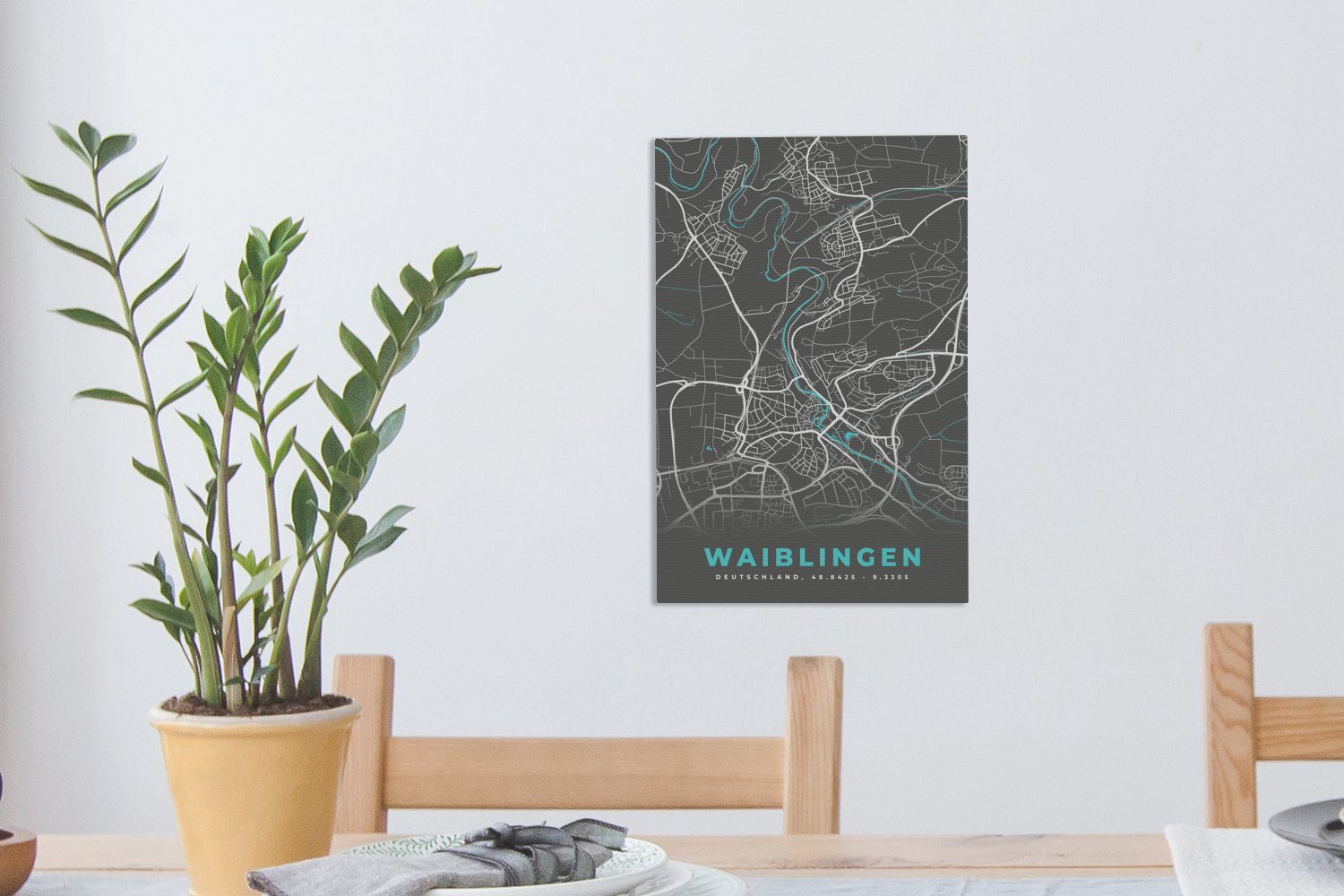 Gemälde, - fertig Karte, Blau Zackenaufhänger, - St), 20x30 Waiblingen bespannt Leinwandbild - cm Stadtplan - (1 OneMillionCanvasses® inkl. Deutschland Leinwandbild