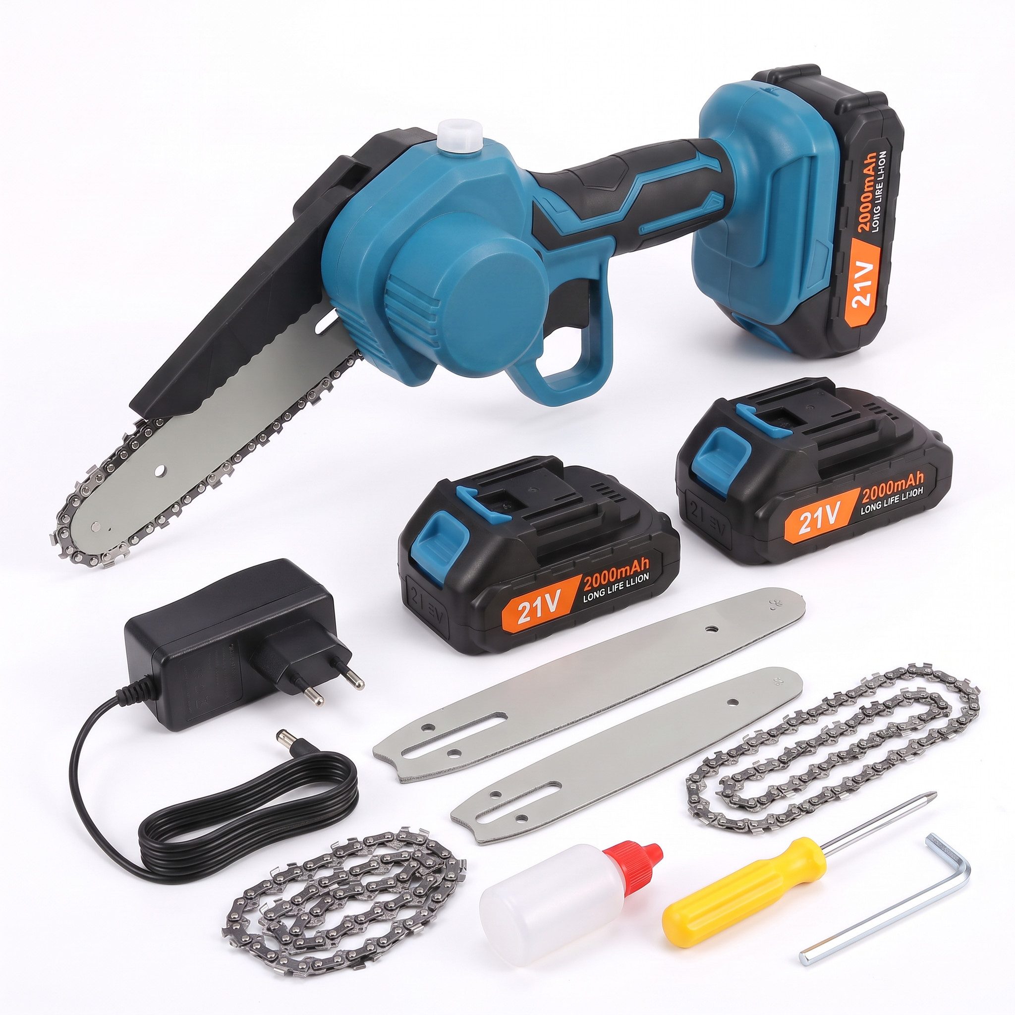 Hikey Akku-Kettensäge Mini-Kettensäge 21 V, 15 cm Schwertlänge, Set, 16-tlg., 2 Akkus 21 V, Ladegerät, Koffer, Zusatzschwert 8 Zoll + 2 Ketten, inkl. 2 Akkus 21 – Bild 3 von 5