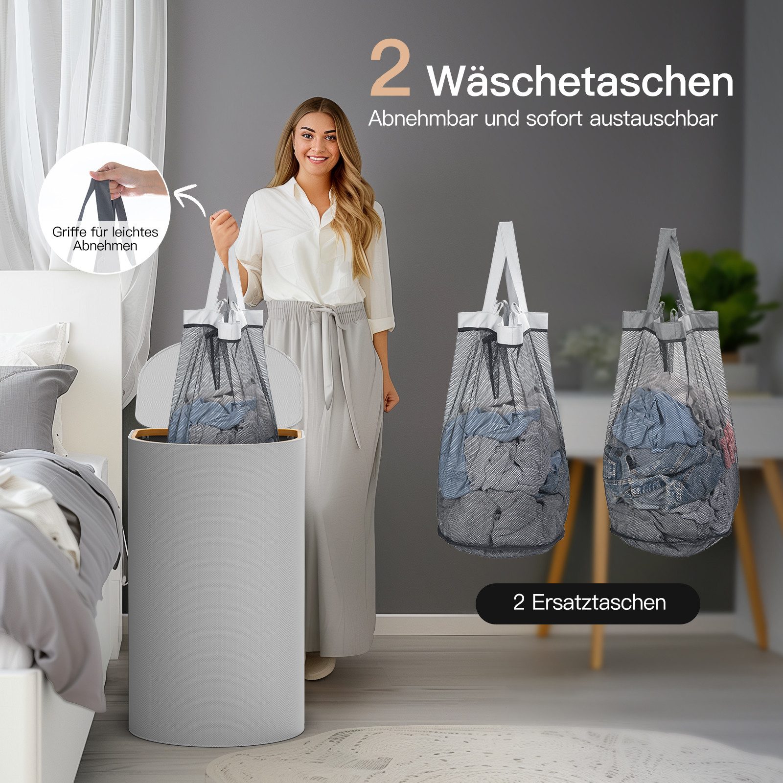 Rainsworth Wäschekorb 70L Wäschesammler - 4 Herausnehmbaren Wäschesäcke