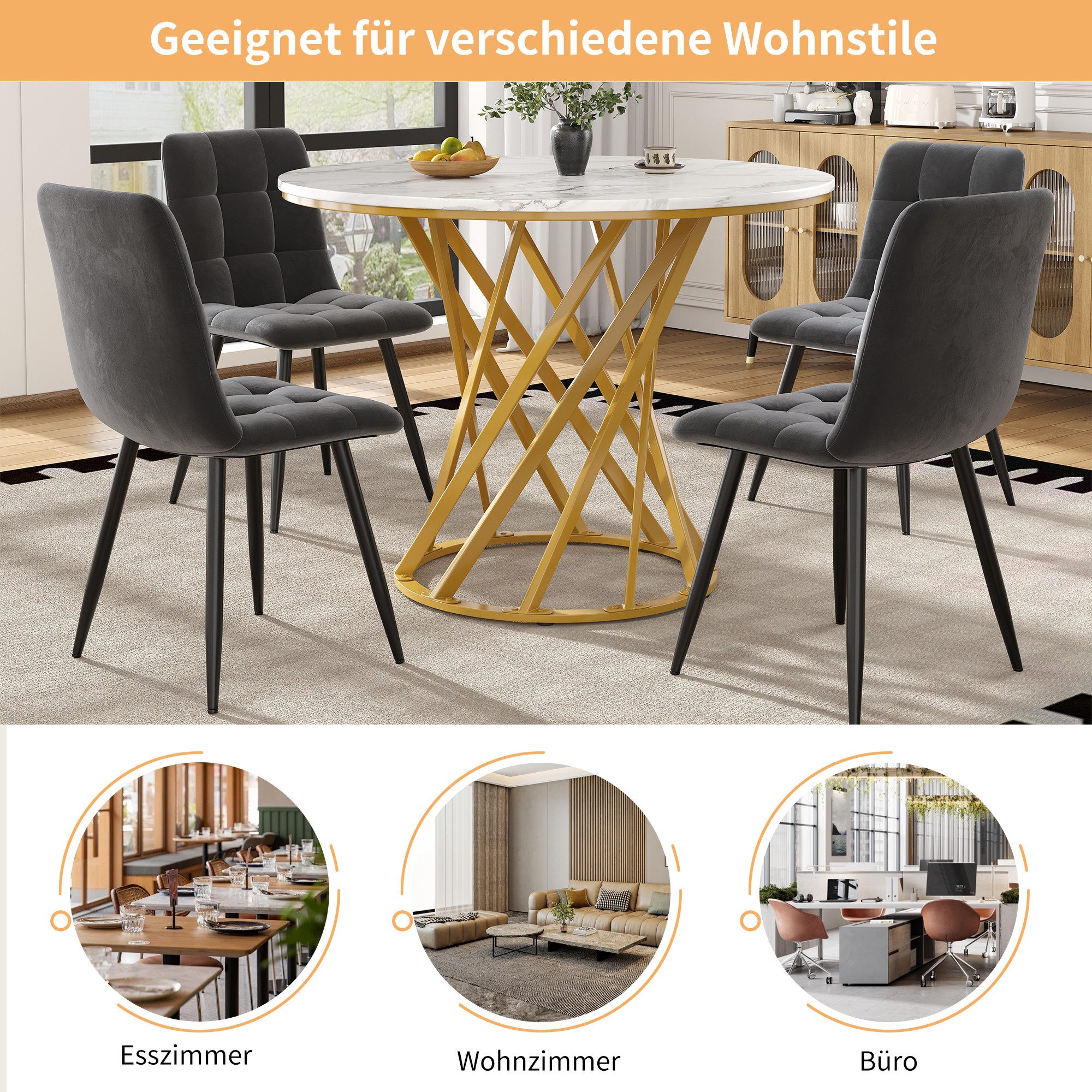 STILVORA Essgruppe Esstisch-Set mit 4 Stühlen,rundes Tischset mit goldenen Beinen,Grau, (Stuhl:44*41*86 Esstisch:Durchmesser 80 cm, Höhe 76 cm)