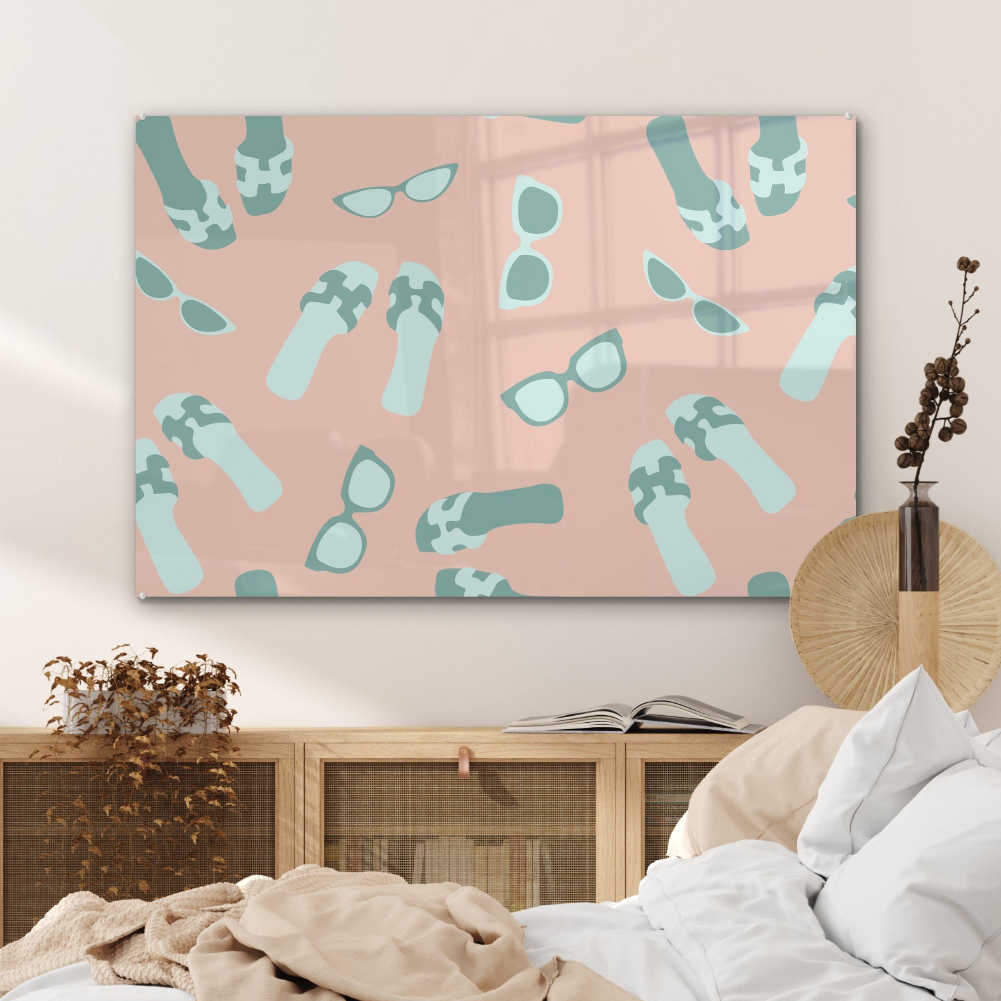 & Wohnzimmer Acrylglasbilder Schlafzimmer Sommer MuchoWow St), - - Pastellfarben, Sonnenbrille (1 - Acrylglasbild Hausschuhe