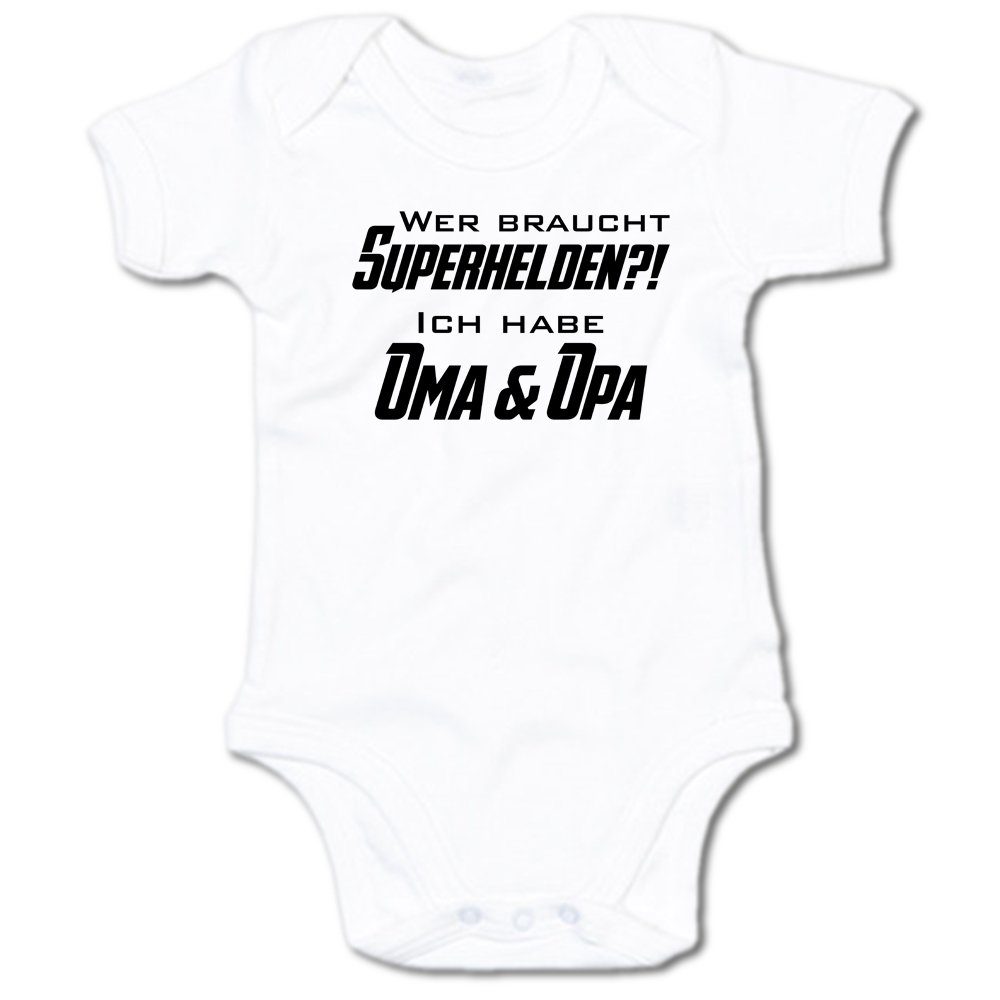 G-graphics Kurzarmbody Wer braucht Superhelden?! Ich habe Oma & Opa Baby Body mit Spruch / Motiv / Aufdruck • für/von Oma & Opa