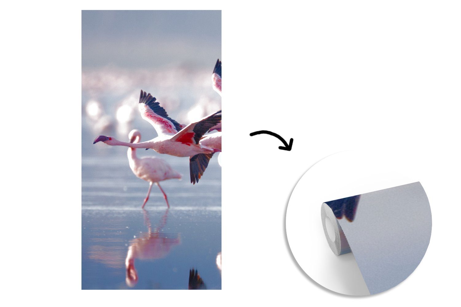 MuchoWow Fototapete Flamingo - Vogel - (2 bedruckt, Fototapete Wohnzimmer Küche, Wasser für - Vliestapete Schlafzimmer Rosa, St), Matt