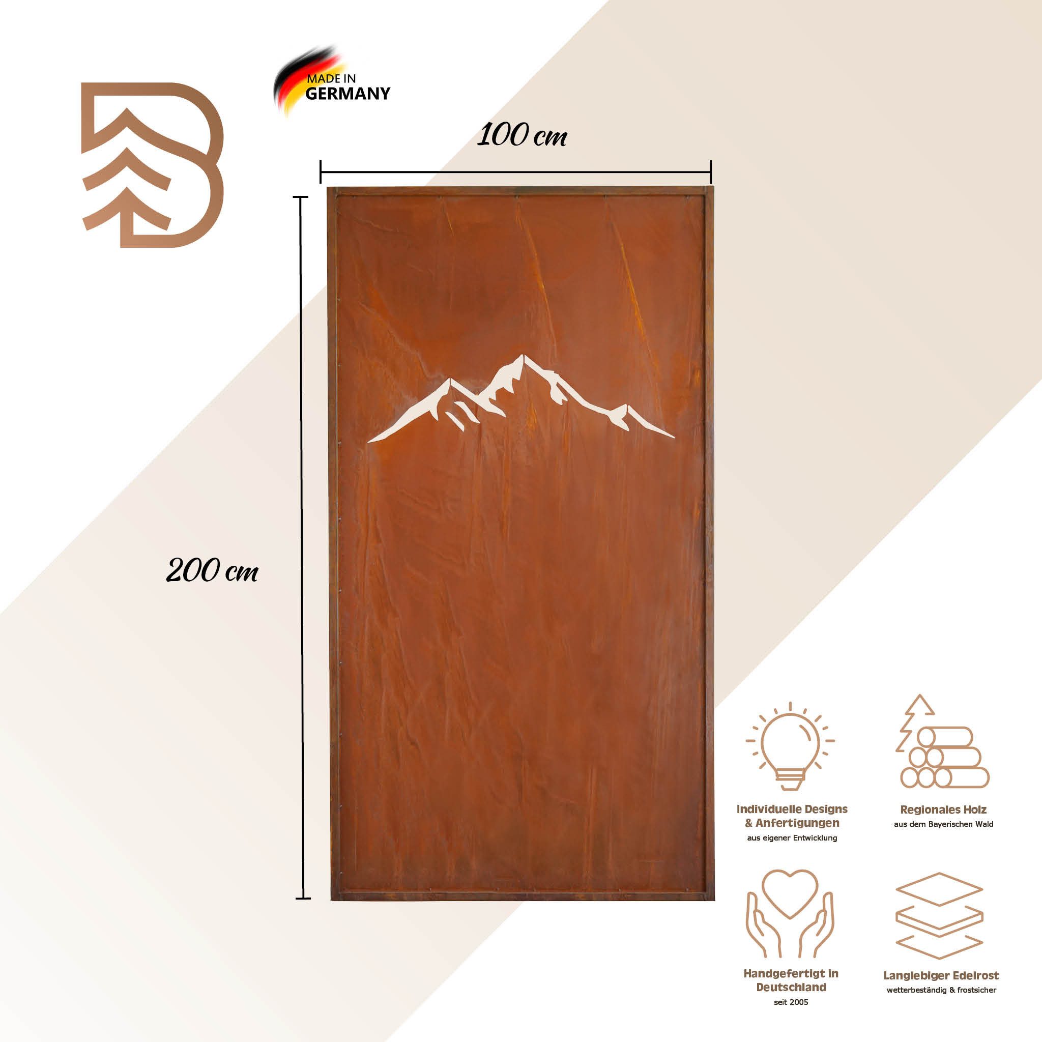BADEKO Sichtschutzelement Sichtschutz Paravent 200x100cm aus Edelrost in Cortenstahloptik