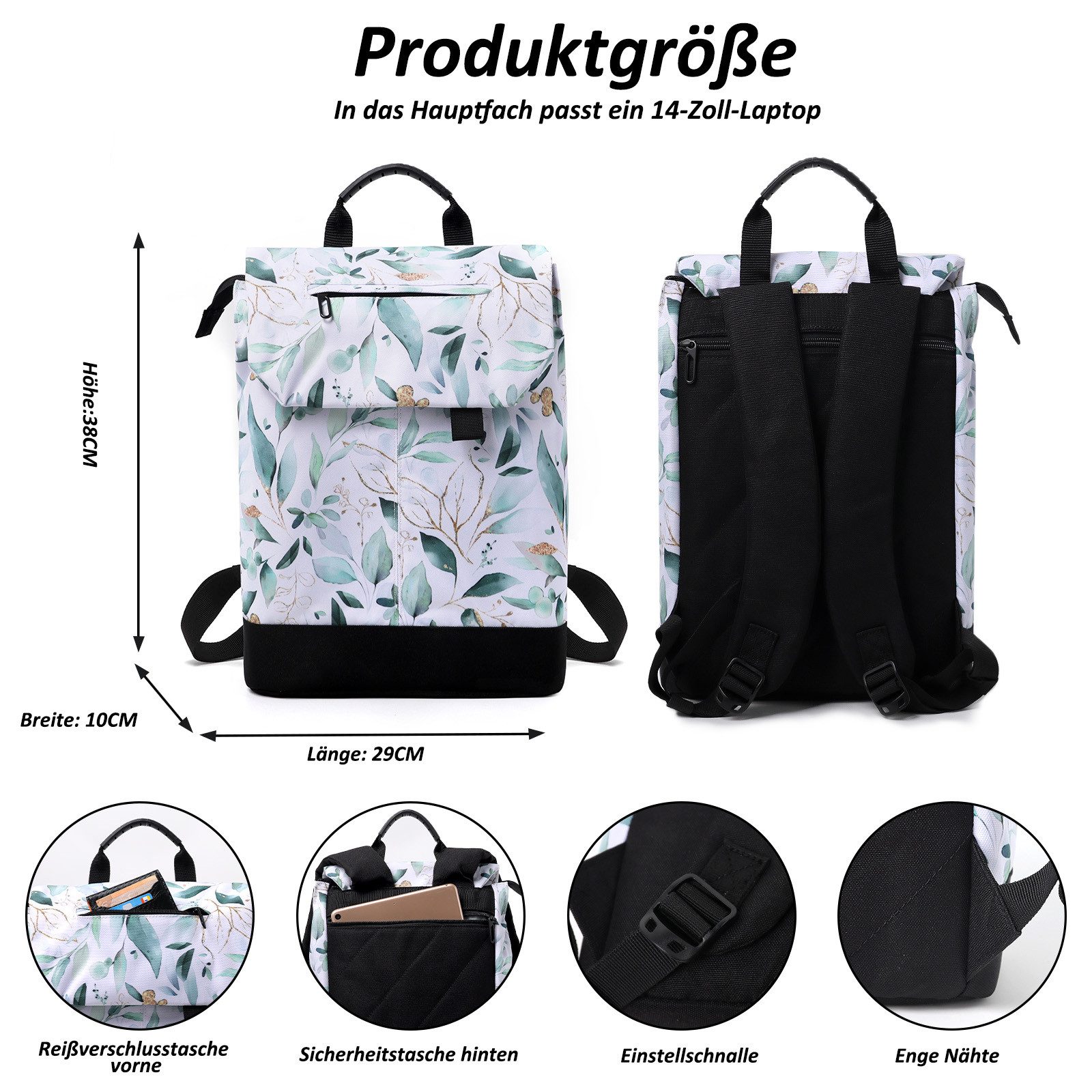 TAN.TOMI Freizeitrucksack Rucksack Damen Elegant Daypack Wasserdichter Tagesrucksack, mit Laptopfach 15.6Zoll & Anti Diebstahl Tasche für Reise, Uni, Schule