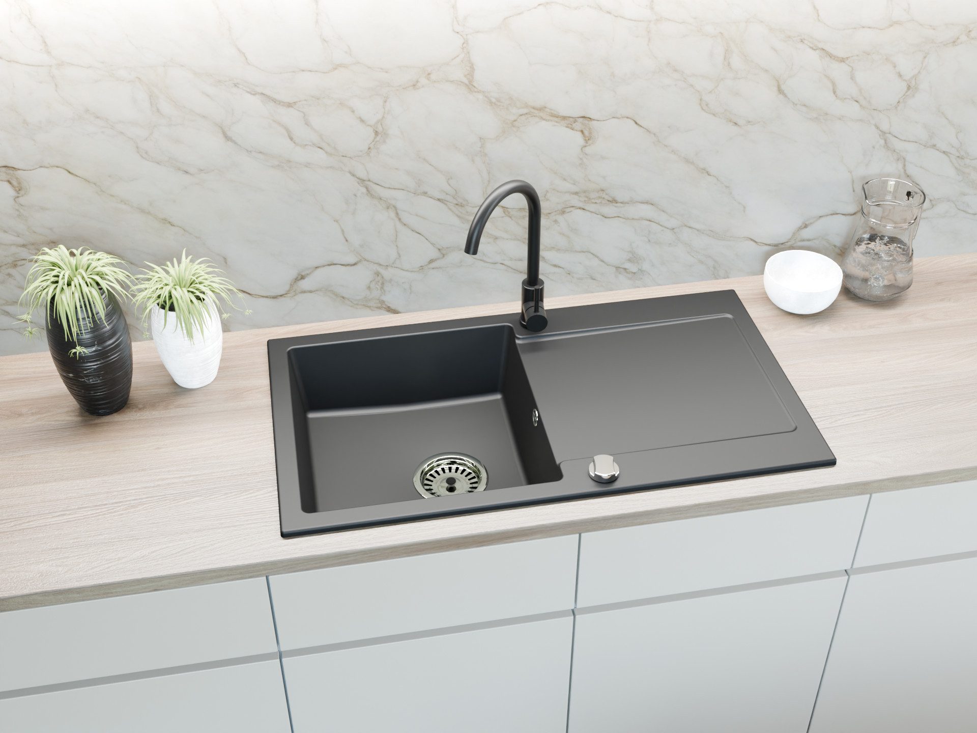 Faizee Home Granitspüle Faizee Home, Granitspüle Alisha/Element – mit Abtropffläche & Siphon, 90x50cm (Element)