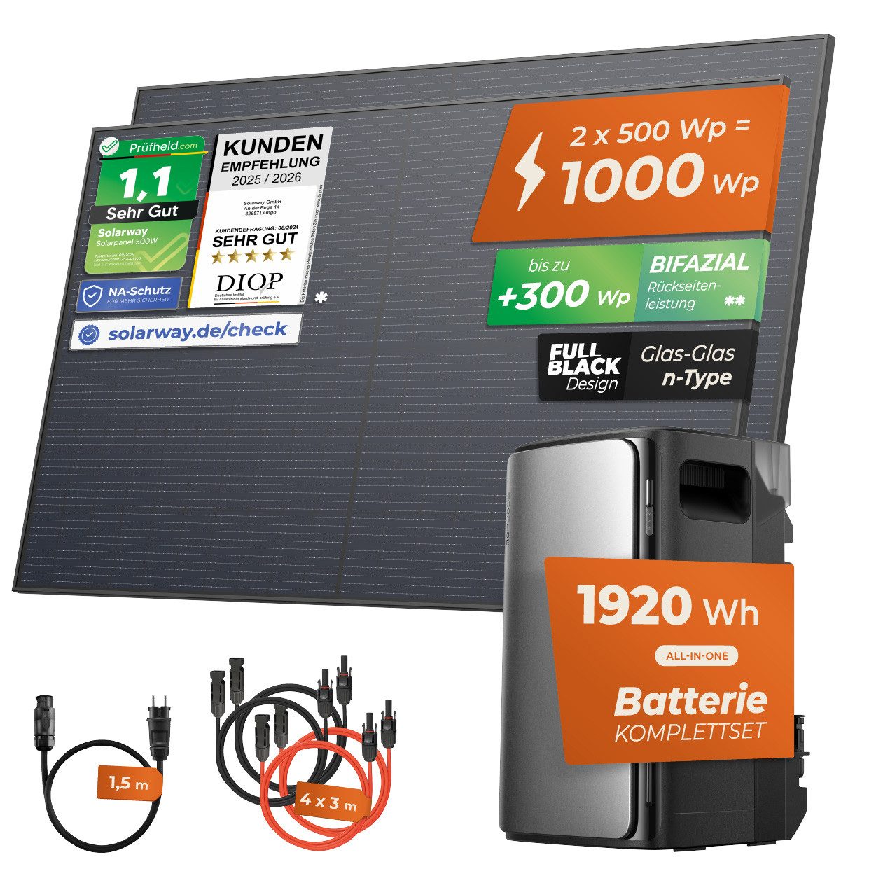 Solarway Balkonkraftwerk 1000Wp / 800W mit 1,9kWh Speicher komplett Steckdose, 1000 W, Monokristalline Halbzellen mit n-Type Technologie, (500W bifaziale Solarmodule & EcoFlow Speicher & Zubehör), 1,9 kWh EcoFlow Stream Max - Solaranlage Komplettset