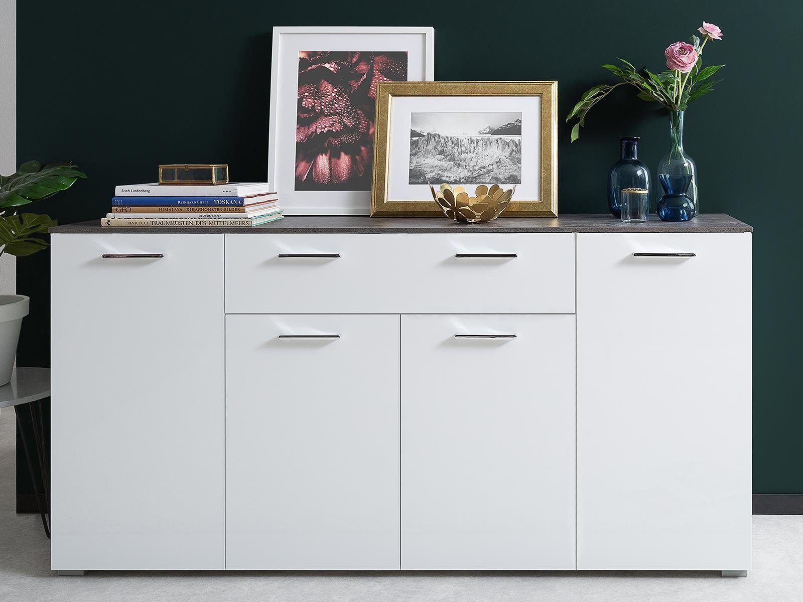 möbelando Sideboard Manchester, Modernes Sideboard aus Spanplatte in Weiß-Hochglanz, Oberboden in Dark Concrete mit 4 Holztüren, 1 Schubkasten und 5 Einlegeböden. Breite 160 cm, Höhe 84 cm, Tiefe 40 cm