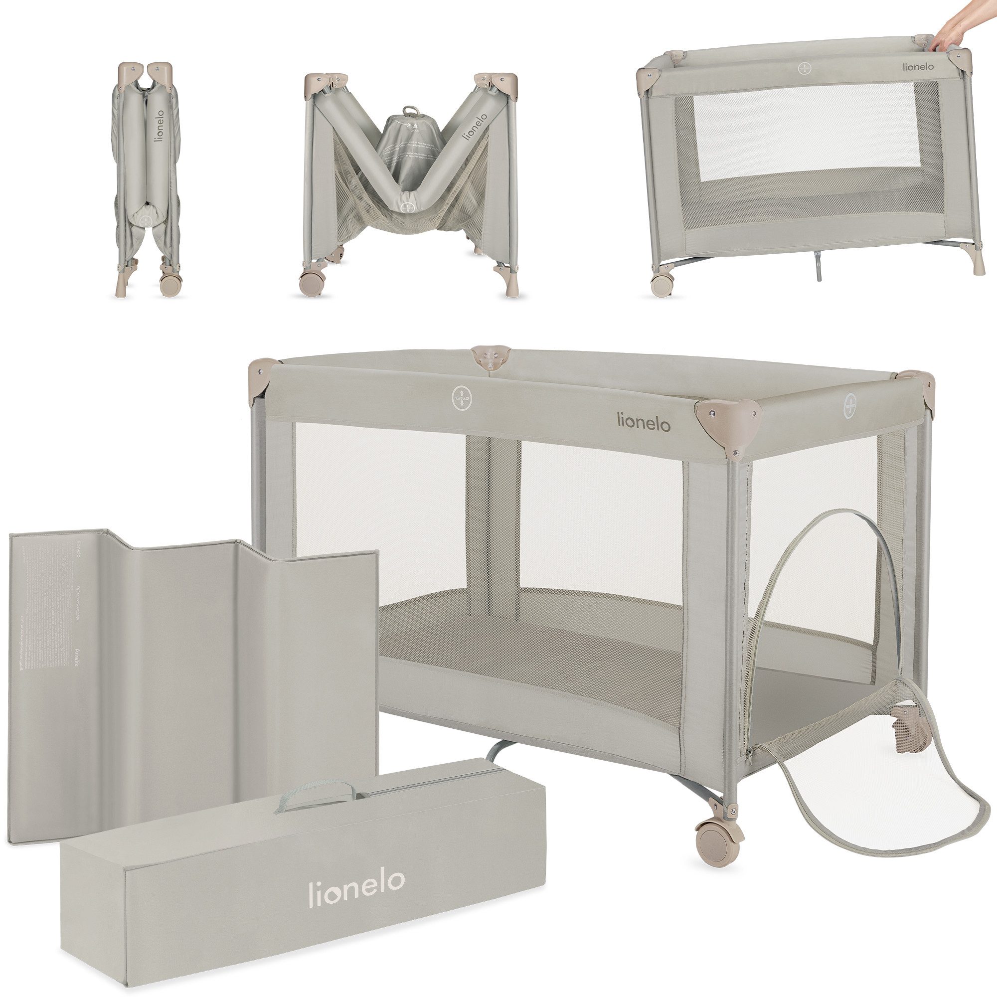 lionelo Reisebett AMELIE (Set, Reisebett / 2-cm-Matratze / Tragetasche) Kompakt/leicht/2cmMatratze/Seiteneingang/Netzseiten