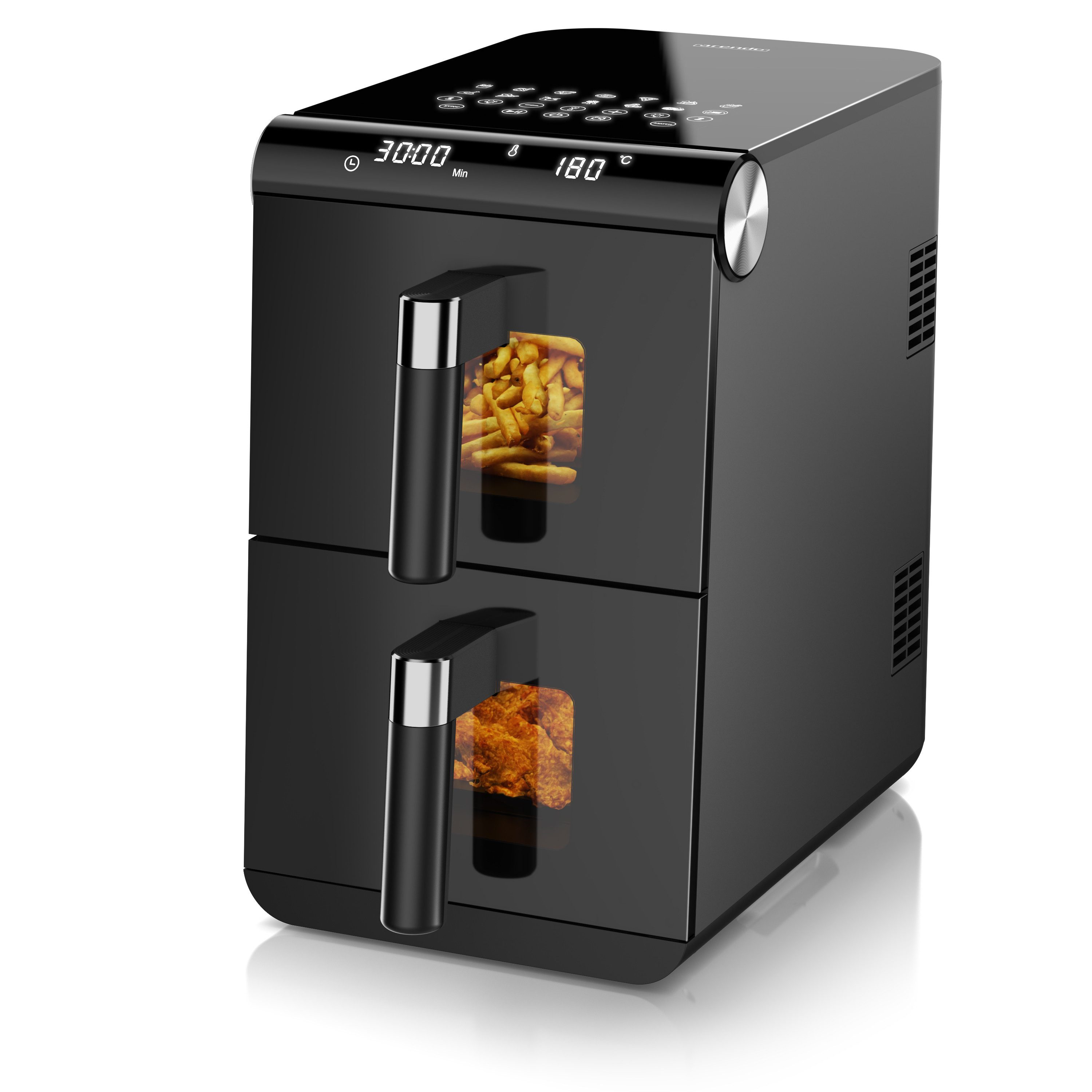 Arendo Heißluftfritteuse mit 2 Kammern Übereinander, XXL Doppelkammer Airfryer 11L, Dual Zone, 1700 W, mit Zubehör, Umluft Backofen, Sichtfenster, fettarmes gesundes Kochen