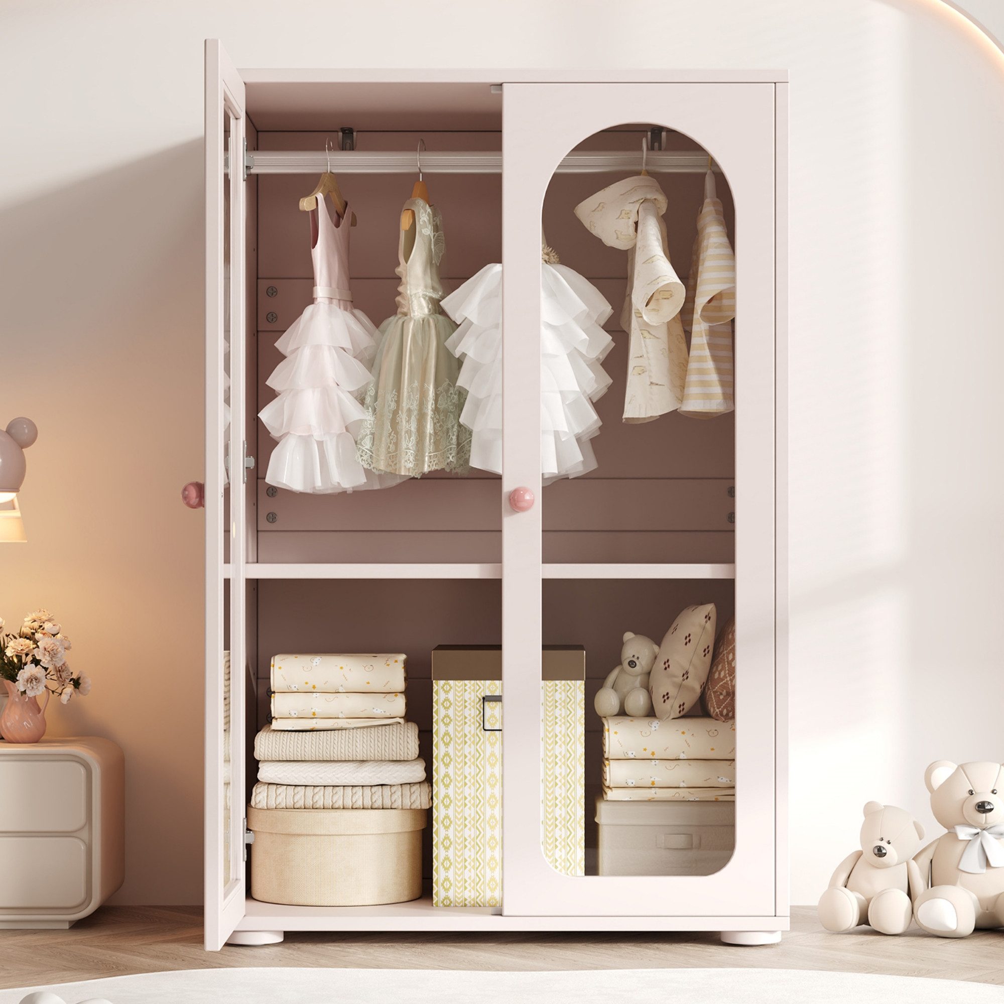 KEFEYA Kinderkleiderschrank für Kinderzimmer, Schlafzimmer und Kinder (2-türig in Weiß und Babyrosa, lackierter Schlafzimmerschrank mit transparenten Acryltüren, Kleiderstange und verstellbaren Einlegeböden, 1-St., 80×50×120 cm)
