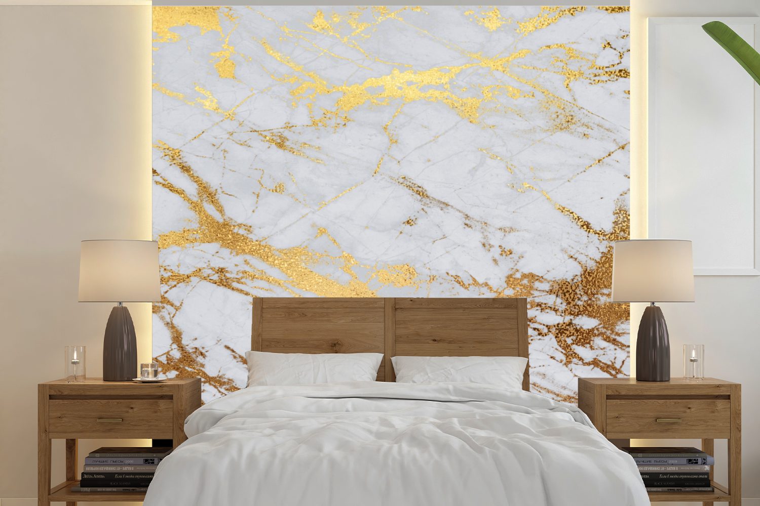 Wohnzimmer bedruckt, MuchoWow Matt, Muster oder St), Gold, (5 Vinyl - - für Marmor Wandtapete Schlafzimmer, Fototapete Tapete