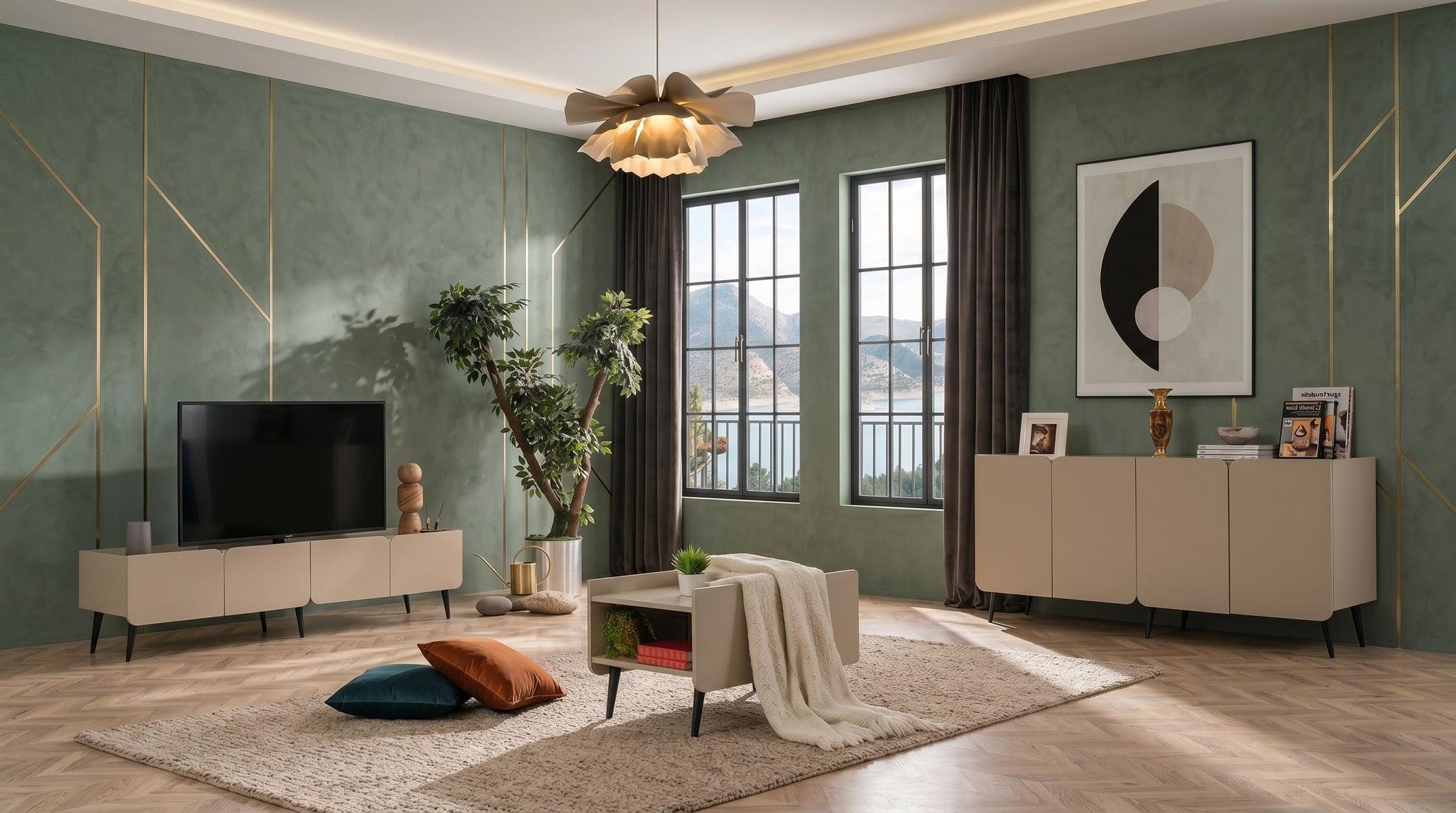 Xlmoebel Wohnzimmer-Set Beiges Wohnzimmer-Set mit TV-Schrank, Couchtisch und Konsole, (3-St., 3-tlg)