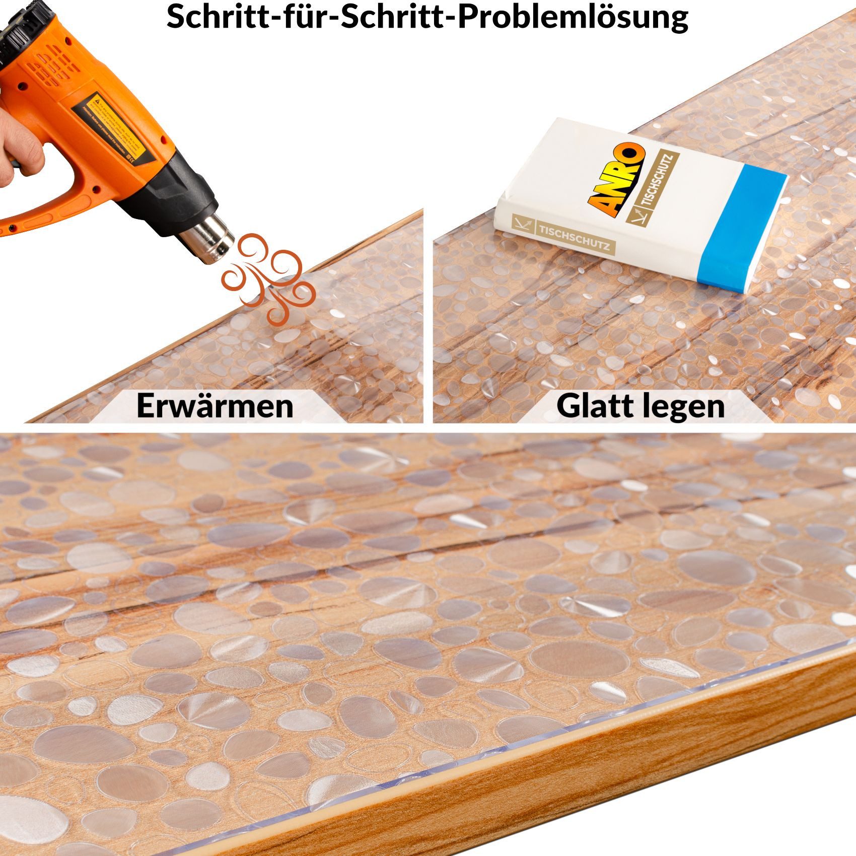 ANRO Tischdecke FLOKY Steine mattiert einseitig 1,5mm Tisch Schutzfolie Geruchsneutral (Rolle 1-tlg, eine Folie), Pflegeleicht 90x100cm Prägung mit Motiv Weiß – Bild 4 von 5