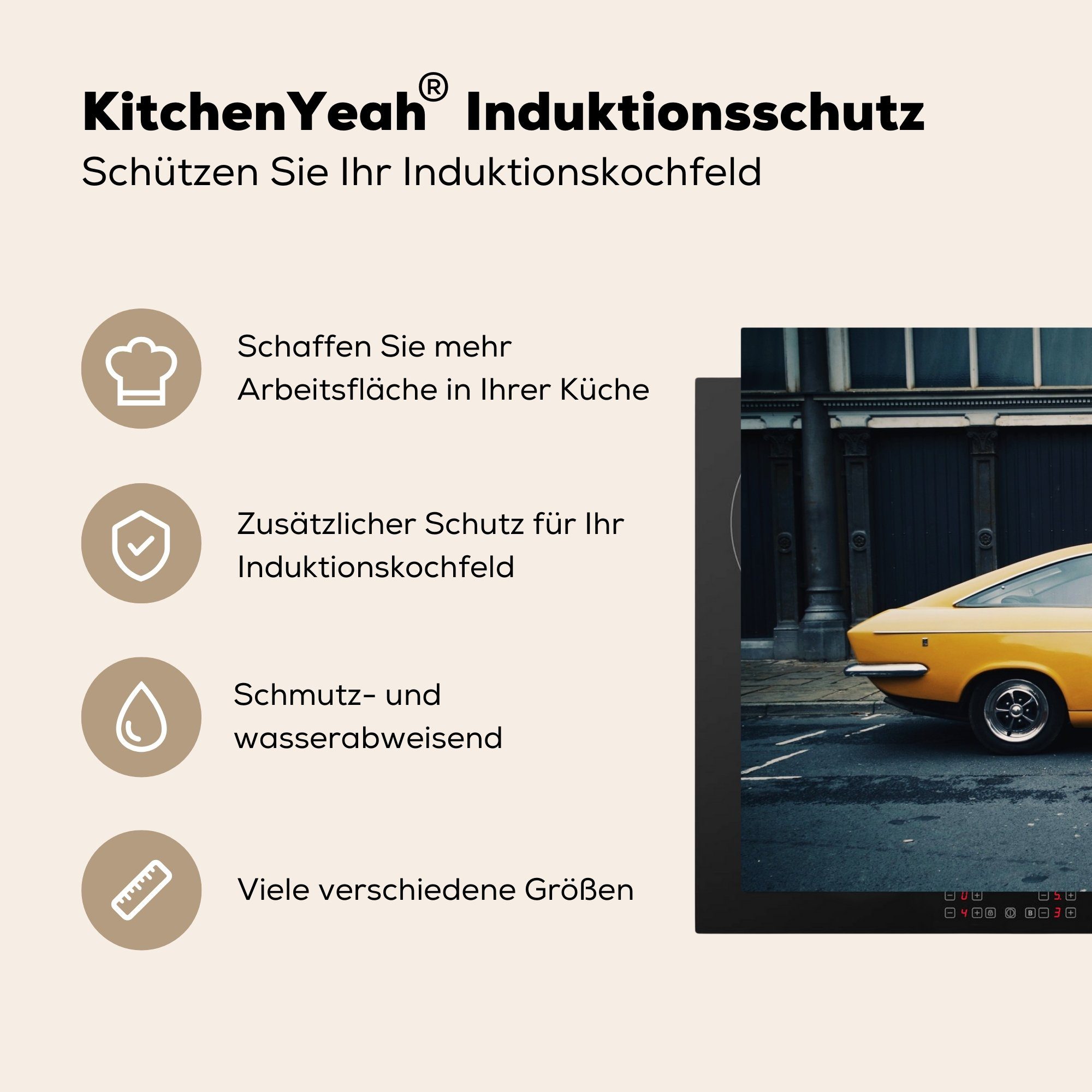 die Autos (1 - MuchoWow küche, Vinyl, tlg), Herdblende-/Abdeckplatte Oldtimer Schutz Induktionskochfeld Gelb, für Ceranfeldabdeckung 81x52 cm, -