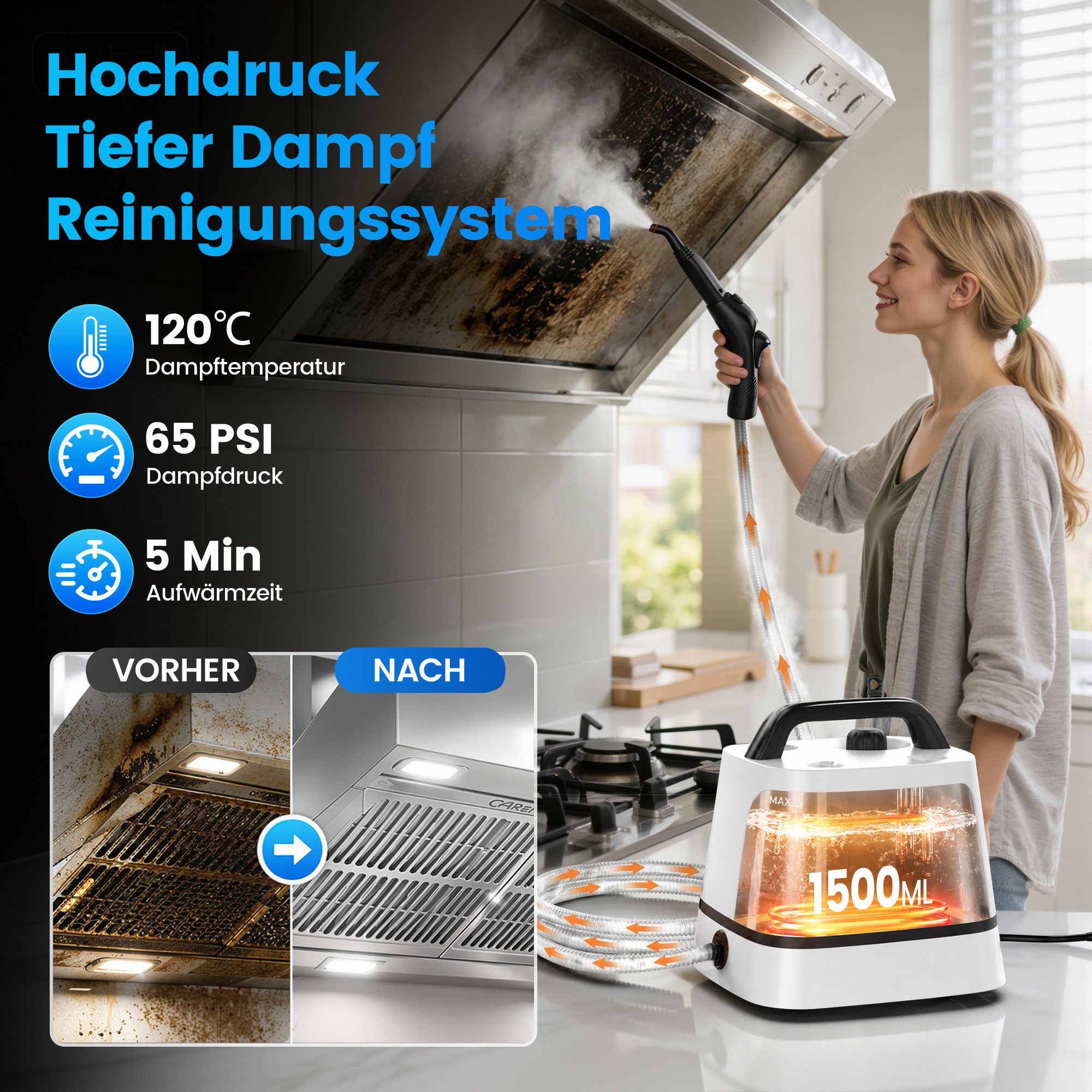 INSE Dampfreiniger G3 Dampfreiniger dampfmopp wischmapp set, 2000 W, beutellos, 65 PSI&120°C, 5 Min Schnellaufheizung, 1500ML Tank, 7-teiliges Zubehör