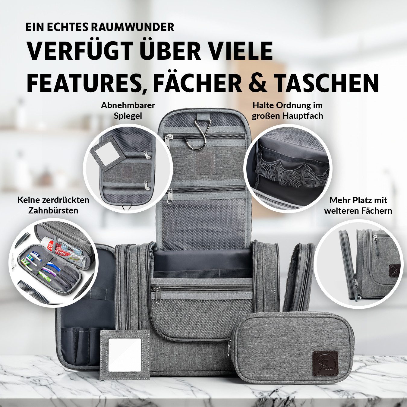 Obics Kulturbeutel XXL 8 Liter (Set, 2 Teilig), zum Aufhängen - Kosmetiktasche für Damen & Herren 10 Fächer – Bild 2 von 5